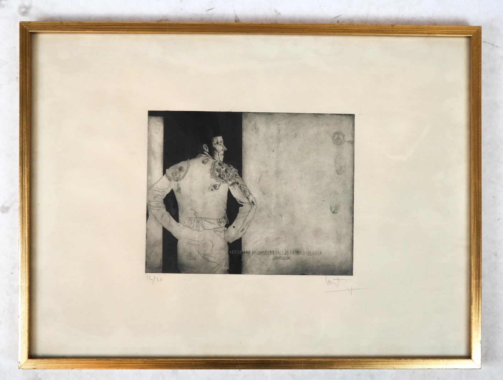CONTI (?): Matador - Print, 12/20: Print of a matador, titled in the plate "Fernando Palomo Cantalejo Tampoco Legusta Johnson", signed "Conti(?)" lower right, in the mat, numbered 12/20. [Sight: 9 1/2 x 12 inches; Frame: 20 1/2 x 27 3/