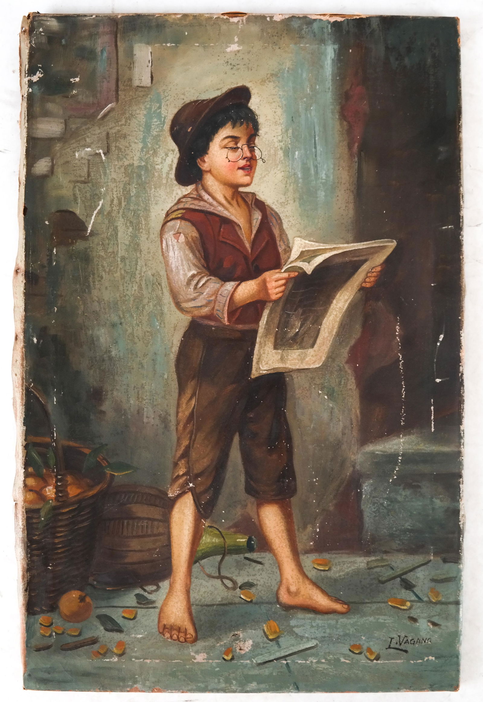 L. VAGANA: Newspaper Boy - Oil on Canvas (1 of 6)