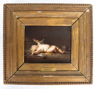 Alphonse LEGROS: Oil Painting: Alphonse Legros (French, 1837-1911) oil painting on canvas. Beautiful painting portraying Cupid captured. Signed lower left "A. Legros". [Art: 8 1/2 x 6 1/2 inches; Frame: 13 x 14 1/2 inches].