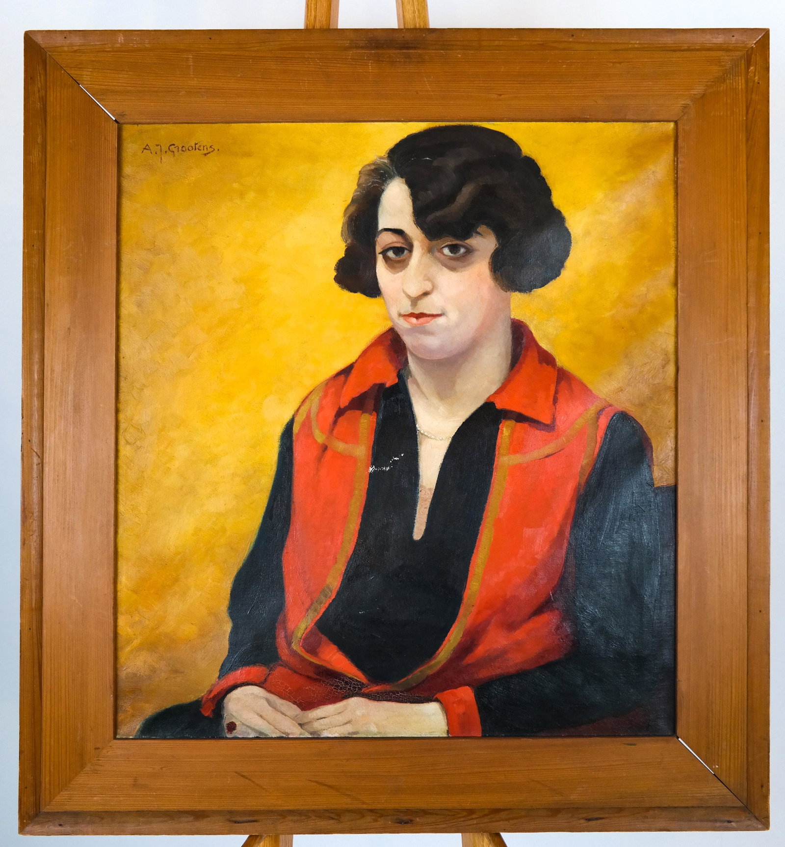 A. T. GROOTENS: Woman in Red - Oil on Canvas: A. T. Grootens, oil on canvas of a woman in red. [Art: 26 x 24 inches; Frame: 34 x 32 inches]. Tear near left vest.