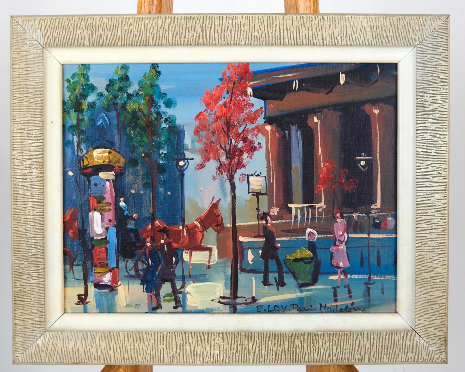 E. LOY: Paris Street Scene- Oil on Carton: E. Loy, oil on carton of Paris street scene, signed lower right. [Art: 12 x 16 inches; Frame: 15 1/4 x 19 1/4 inches]. In good condition.