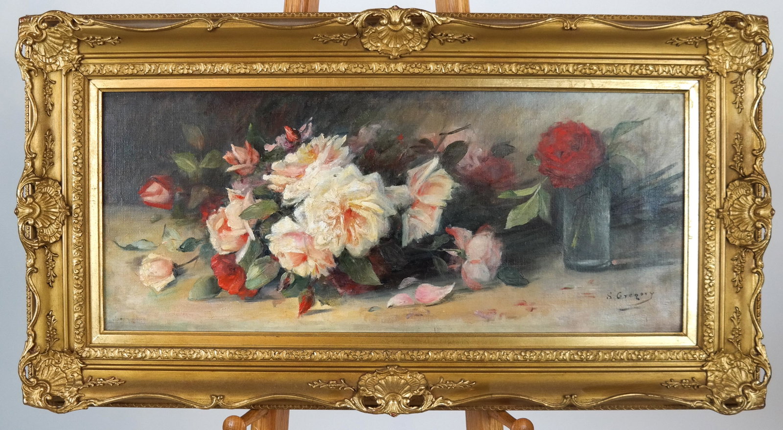 S. GREGORY: Roses - Oil on Canvas: 20th century European oil on canvas painting of roses, signed lower right "S. Gregory". [Art: 11 x 27 inches; Frame: 18 x 34 inches]. In good condition.