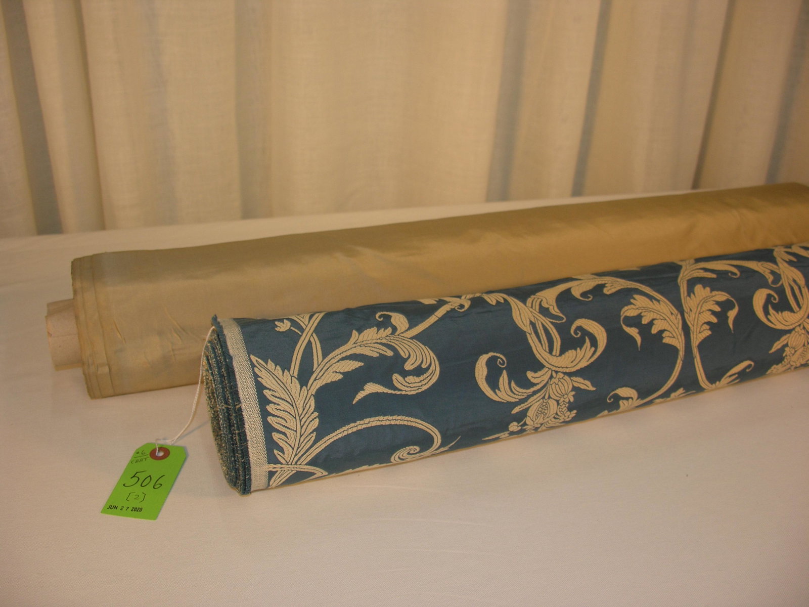 Neoclassical Lampas and Kravet Taffeta Fabrics: 1) 14 yards of a Neoclassical Revival silk and cotton, two-field tan on blue lampas, 54 inches wide. Design repeats of 25 1/2 inches vertical by 27 inches horizontal. Slight puckering characteristic w