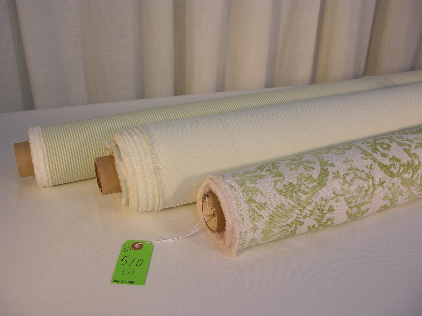 Thibaut, Cowtan & Tout and Kravet Green/Ivory Fabr: 1) 8 yards, in two lengths (4 1/4 yards; 3 3/4 yards), of Thibaut's "Sansome", a stylized floral linen blended screen print, 54 inches wide. The color/design repeats are 24 1/2 inches vertical by the 