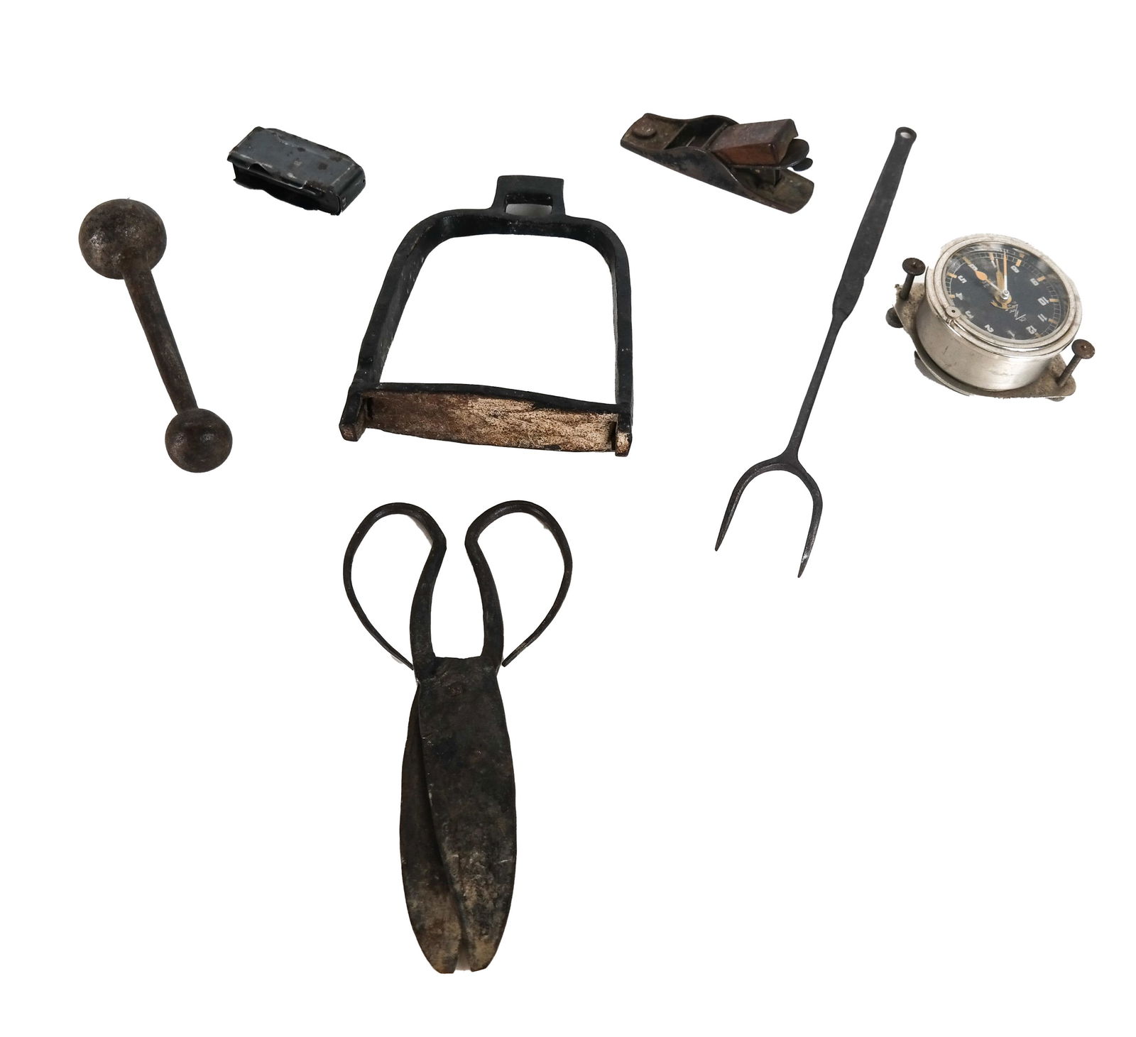 Box Lot of Iron Objects, Plus Ship's Clock (1 of 8)