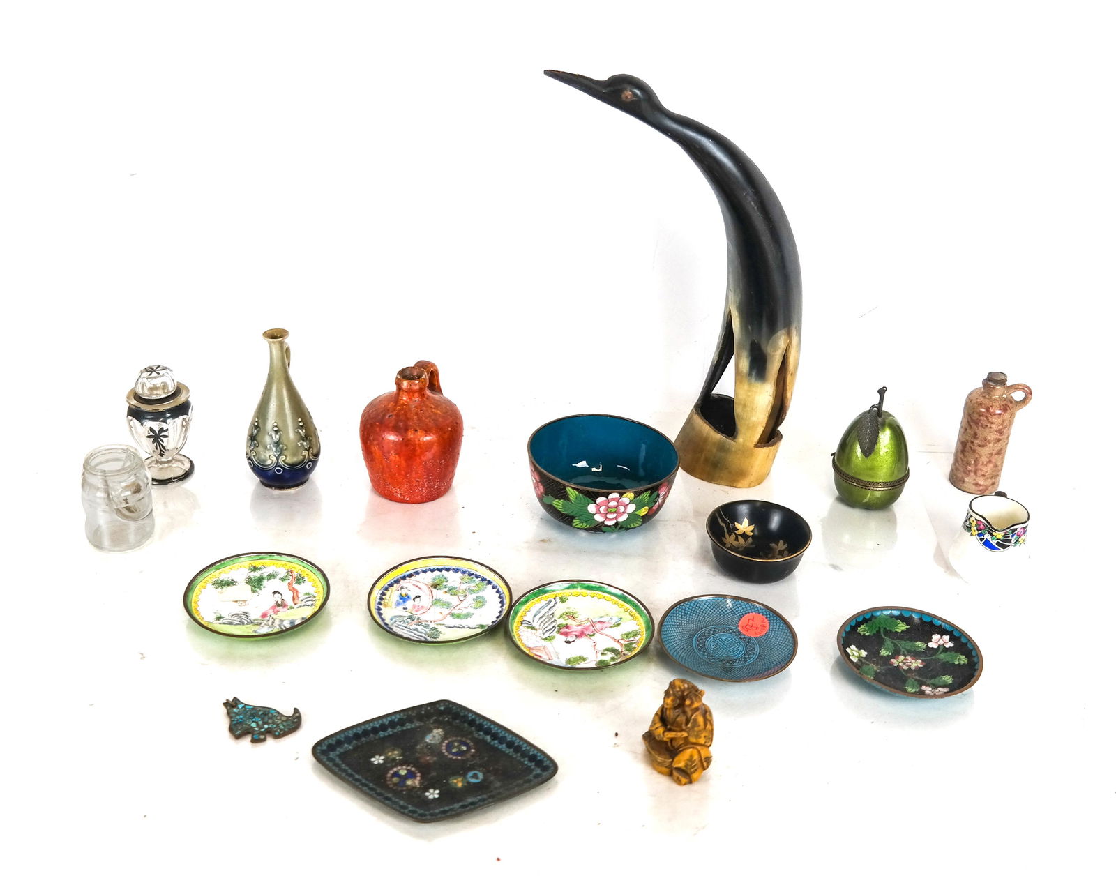 Lot of Decorative Objects: An enamel apple box, horn, duck, cloisonne bowls, porcelain.