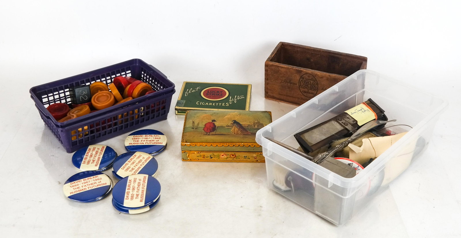 Bakelite Checkers, Tin, Other Objects: Bakelite checker pieces, tin, others.