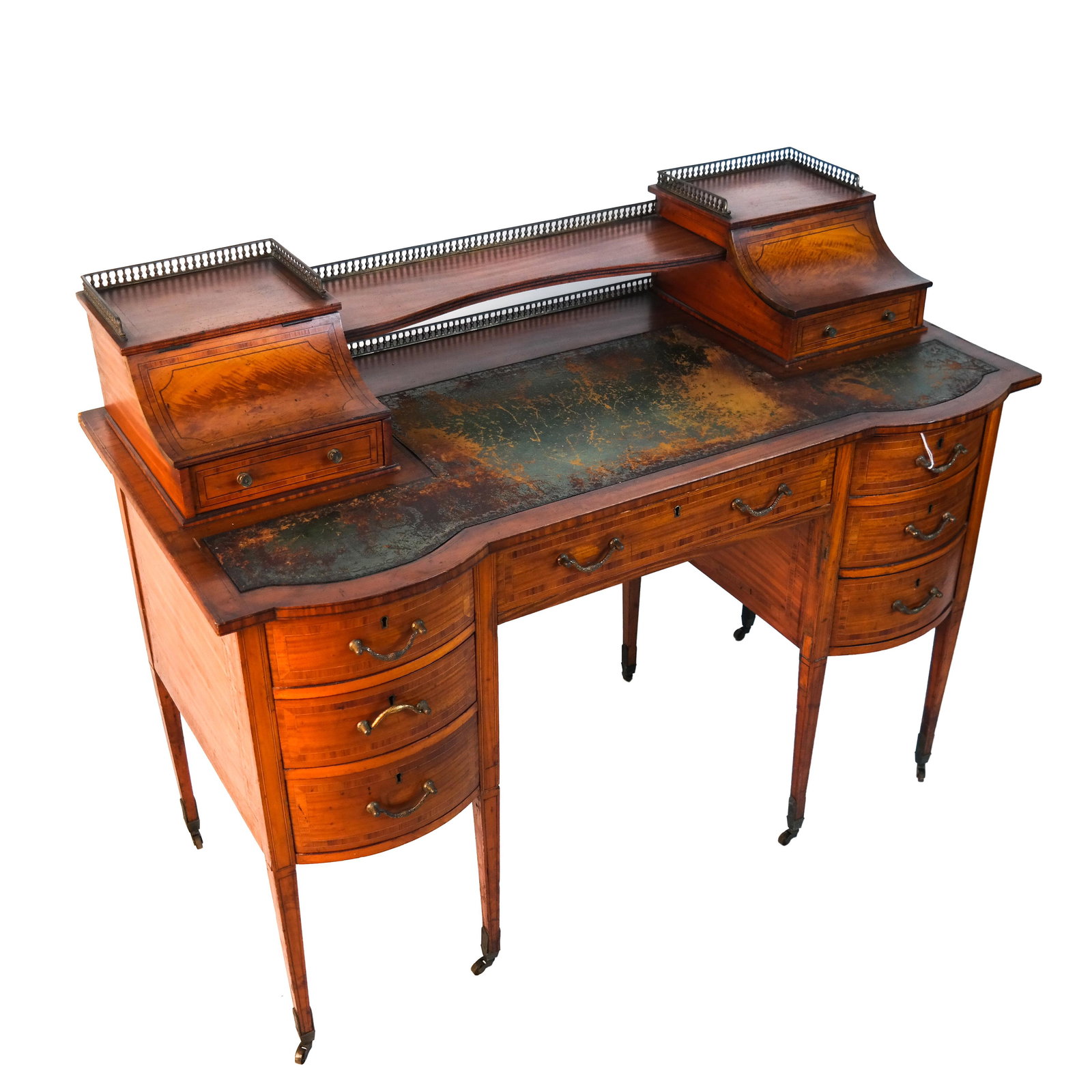 19th C. English Carlton House Desk: Antique satinwood Carlton House desk, with fitted compartments. [38 1/2 x 48 x 25 inches; 24 inches to center apron].
