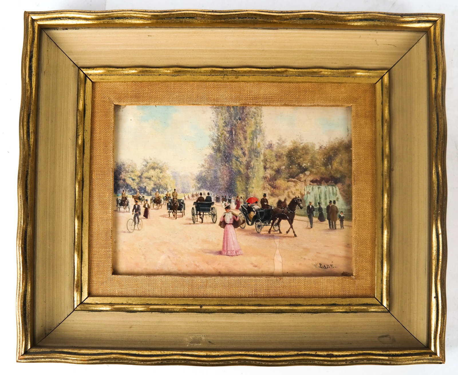 Emile BARE: Paris Street Scene: Framed painting of figures, a horse and buggies. [Art: 6 x 8 inches; Frame: 12 x 14 inches]. Spot lower right side.