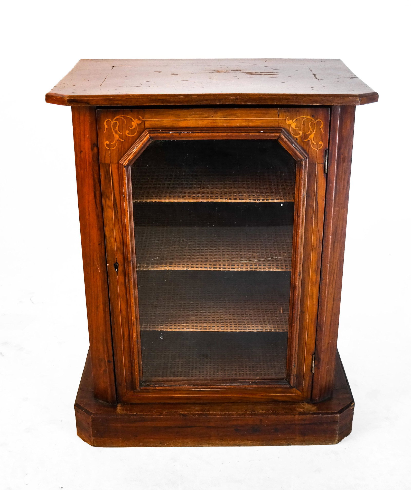 English Edwardian Rosewood Cabinet: English single-door, low, music cabinet. [26 x 20 1/2 x 14 inches]. Wear throughout.