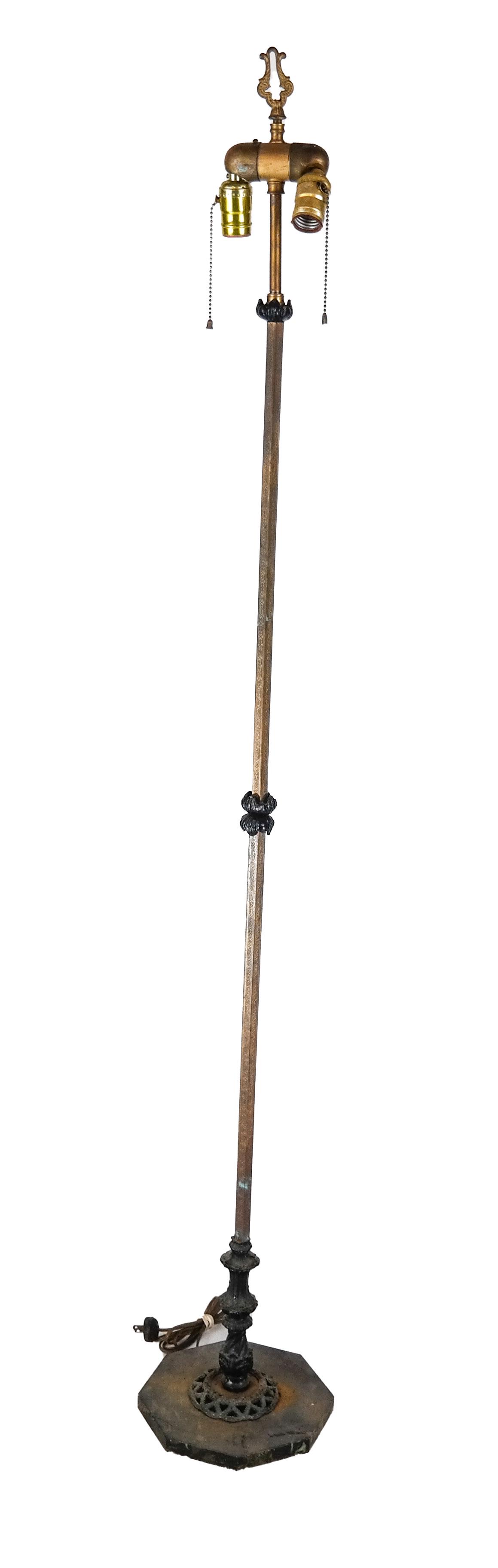 Antique Iron & Bronze Floor Lamp: Antique iron and bronze floor lamp, with no shade. [60 (to socket) x 9 x 9 inches].