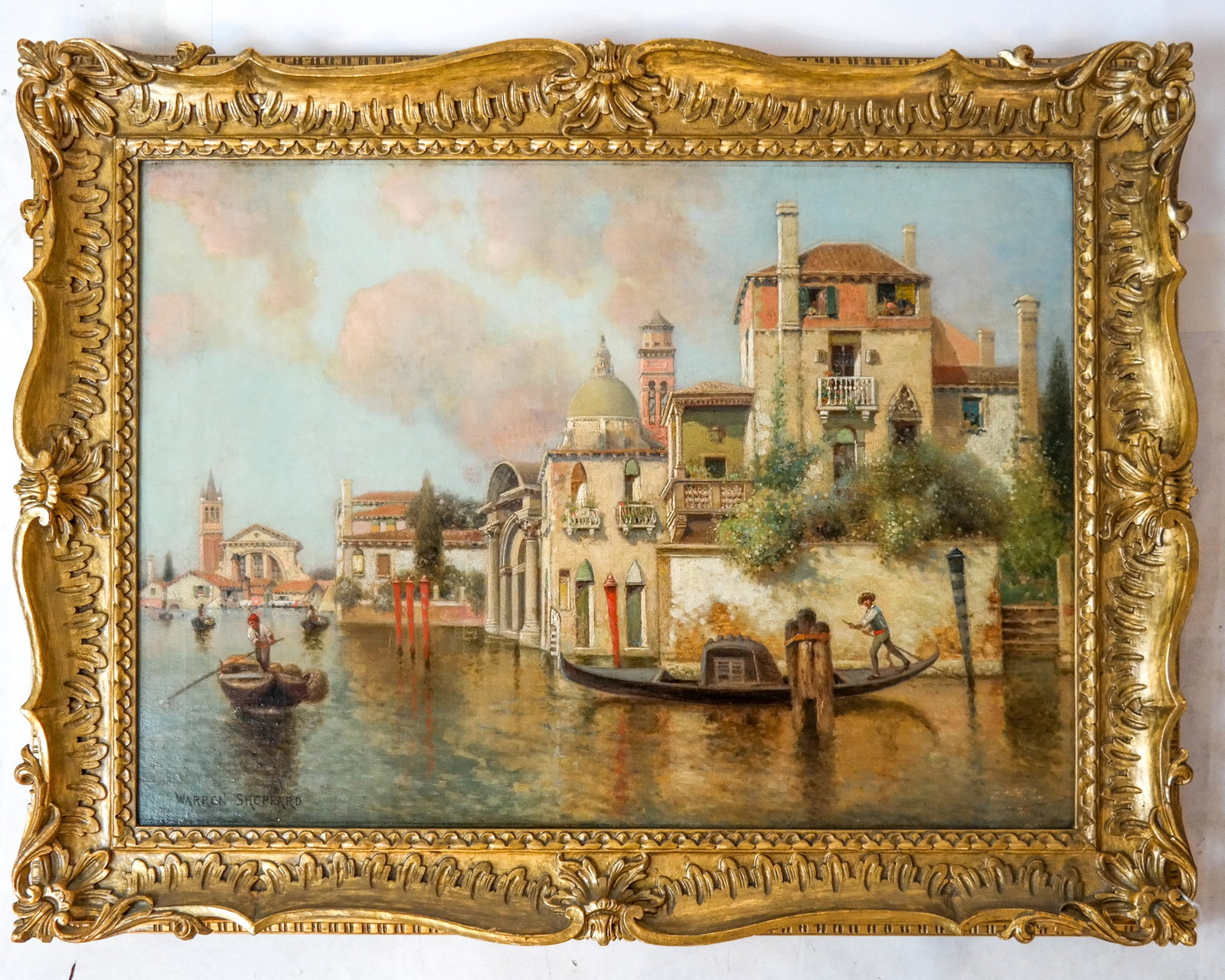 Warren SHEPPARD: Venetian Canal - Oil on Canvas: Venetian canal scene on a summer day, oil on canvas, in a gilt frame, by Warren Sheppard (American, 1858-1937). [Art: 20 x 28 inches; Frame: 28 x 34 inches]. In good condition.