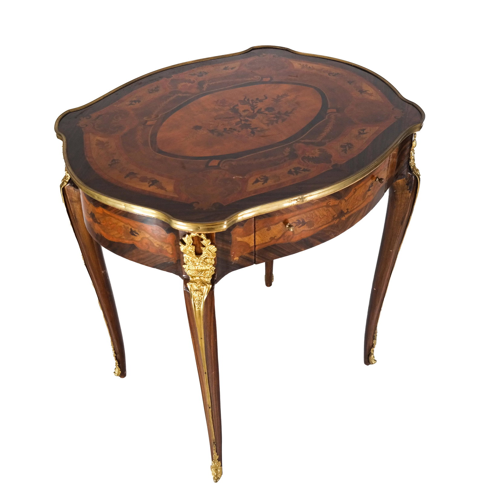 French Louis XV Inlaid Stand / Table: French Louis XV-style stand / table, with inlaid turtle-form top and ormolu mounts. [30 x 28 3/4 x 23 inches]. In good condition.