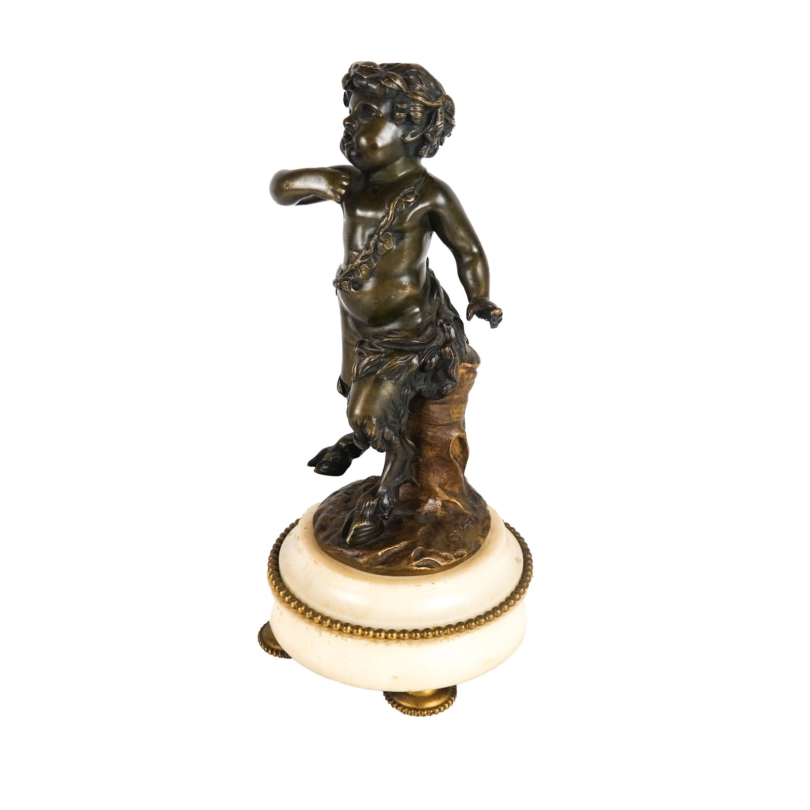 C-M CLODION: Satyr - Bronze on Marble Base: Bronze sculpture of a satyr, mounted on a white marble base, signed. Claude Michel Clodion (French, 1738–1814) was a Rococo sculptor, noted for his versatility as an artist and for the lively charm 