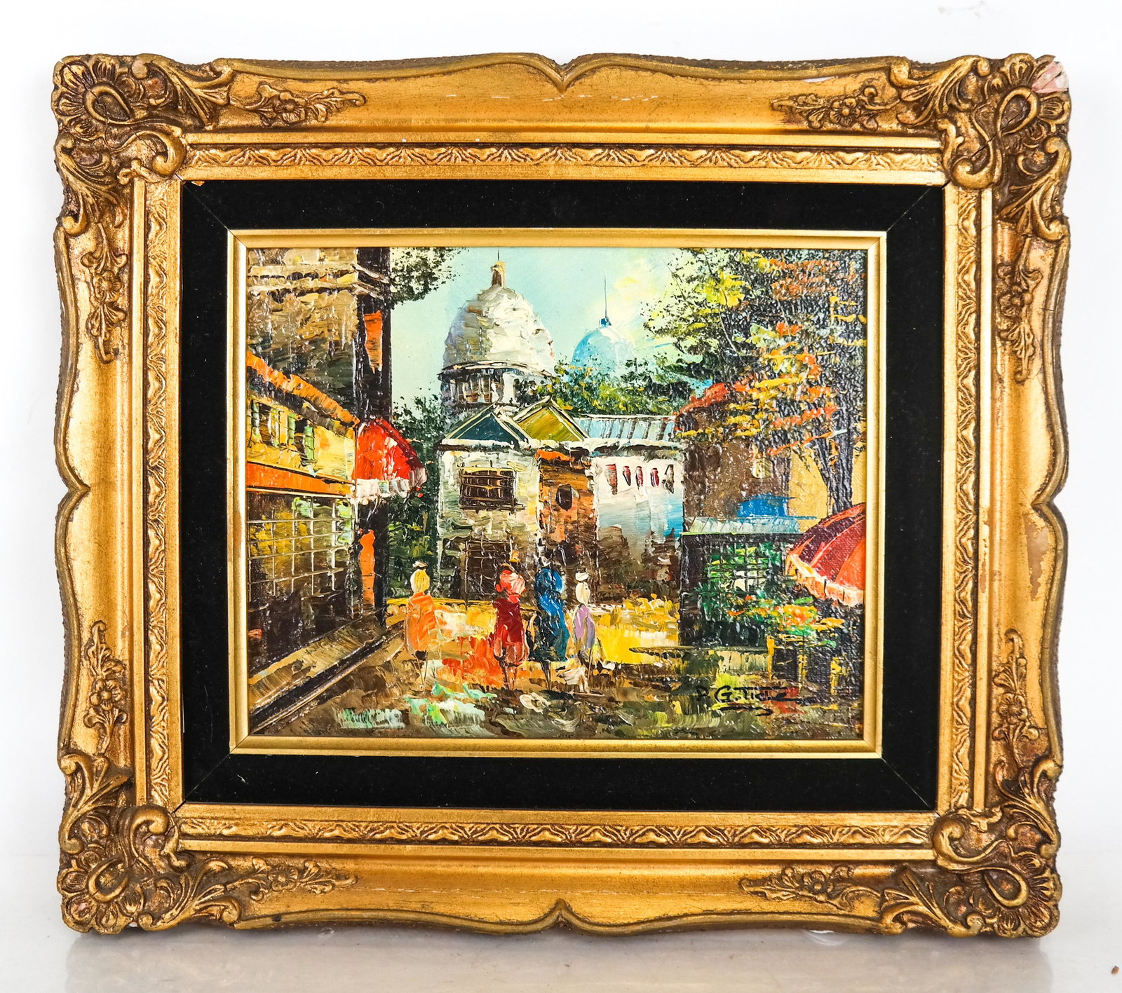 P.G. TIELE: Street Scene Painting: P.G. Tiele, painting of a street scene. [Art: 8 x 9 1/2 inches; Frame: 13 x 15 inches]. In good condition; frame losses.