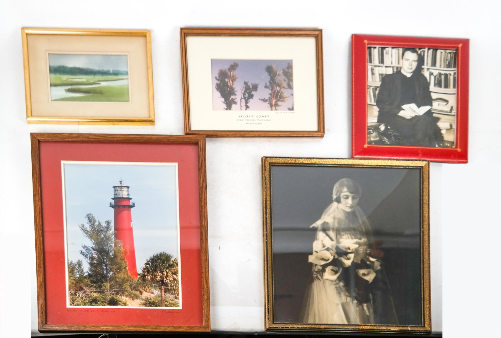 Five Prints and Photos: Five prints and photos including of a wedding, lighthouse, priest, Halley's Comet, and a marsh (river) scene.