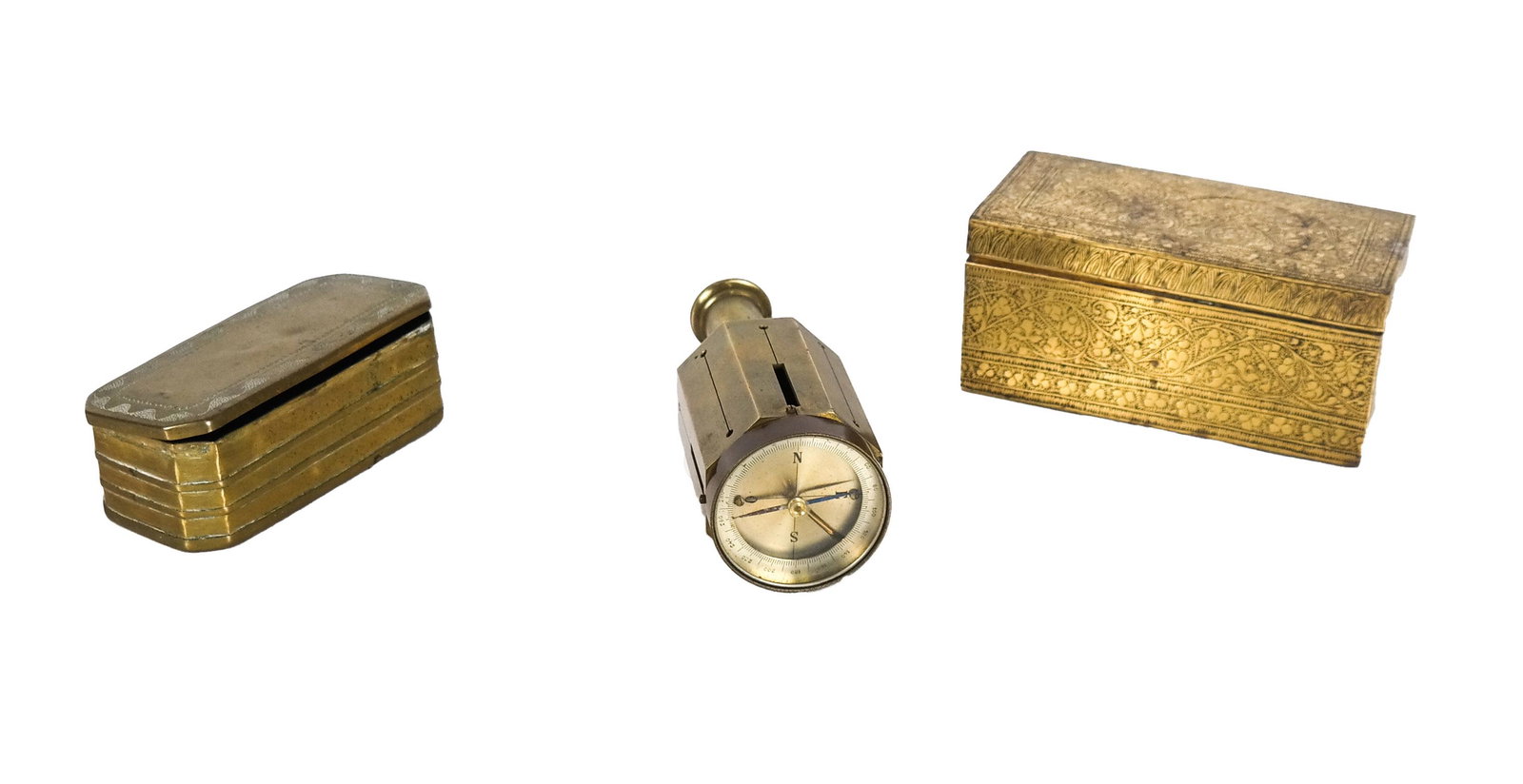 Three Brass Objects: A compass and two hinged boxes. [Compass: 6 1/2 inches high; Larger box: 3 x 6 x 3 inches].