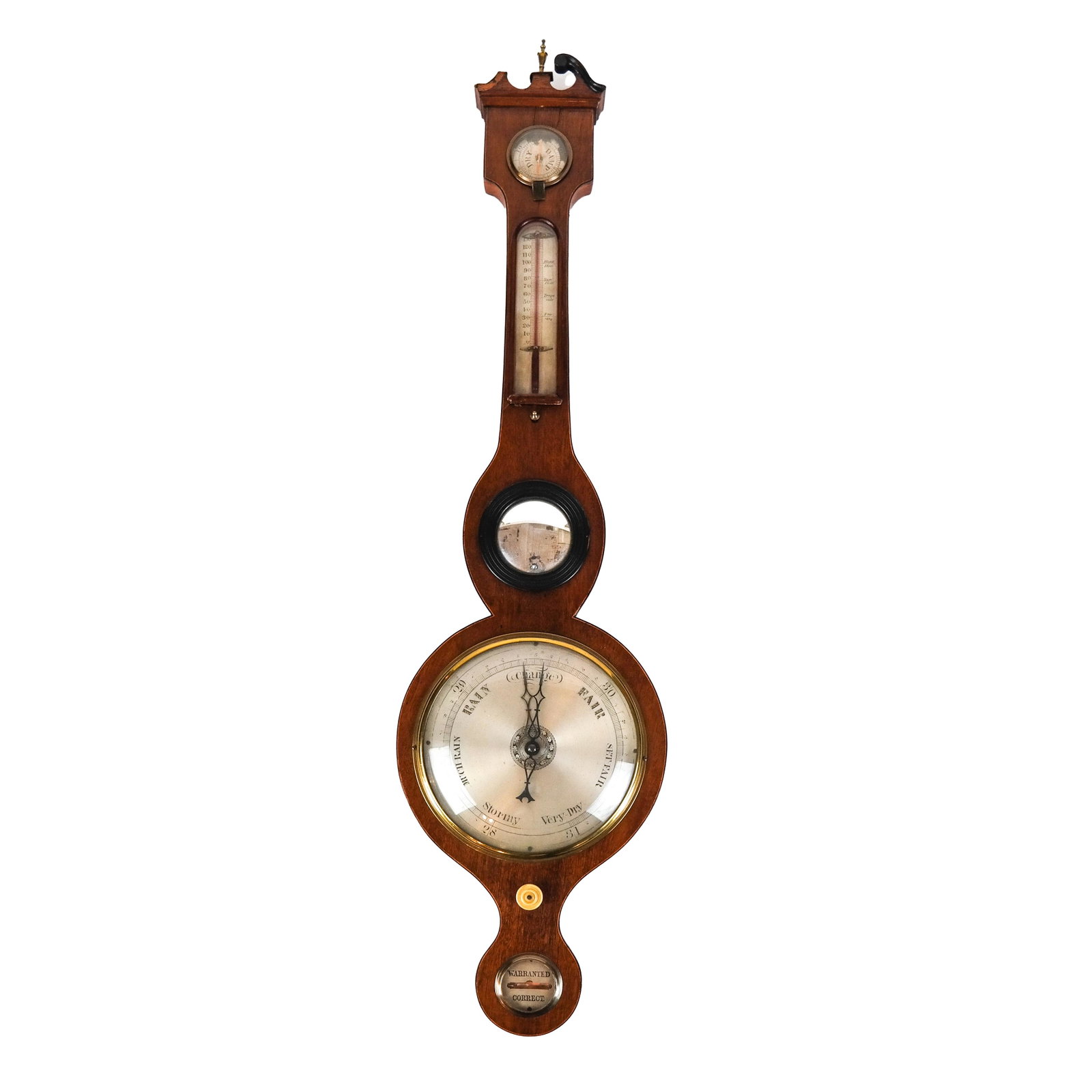 English-Style Barometer: Mahogany barometer. [38 x 10 (dia) x 1 1/4 inches]. Crest "as-is" (missing parts).