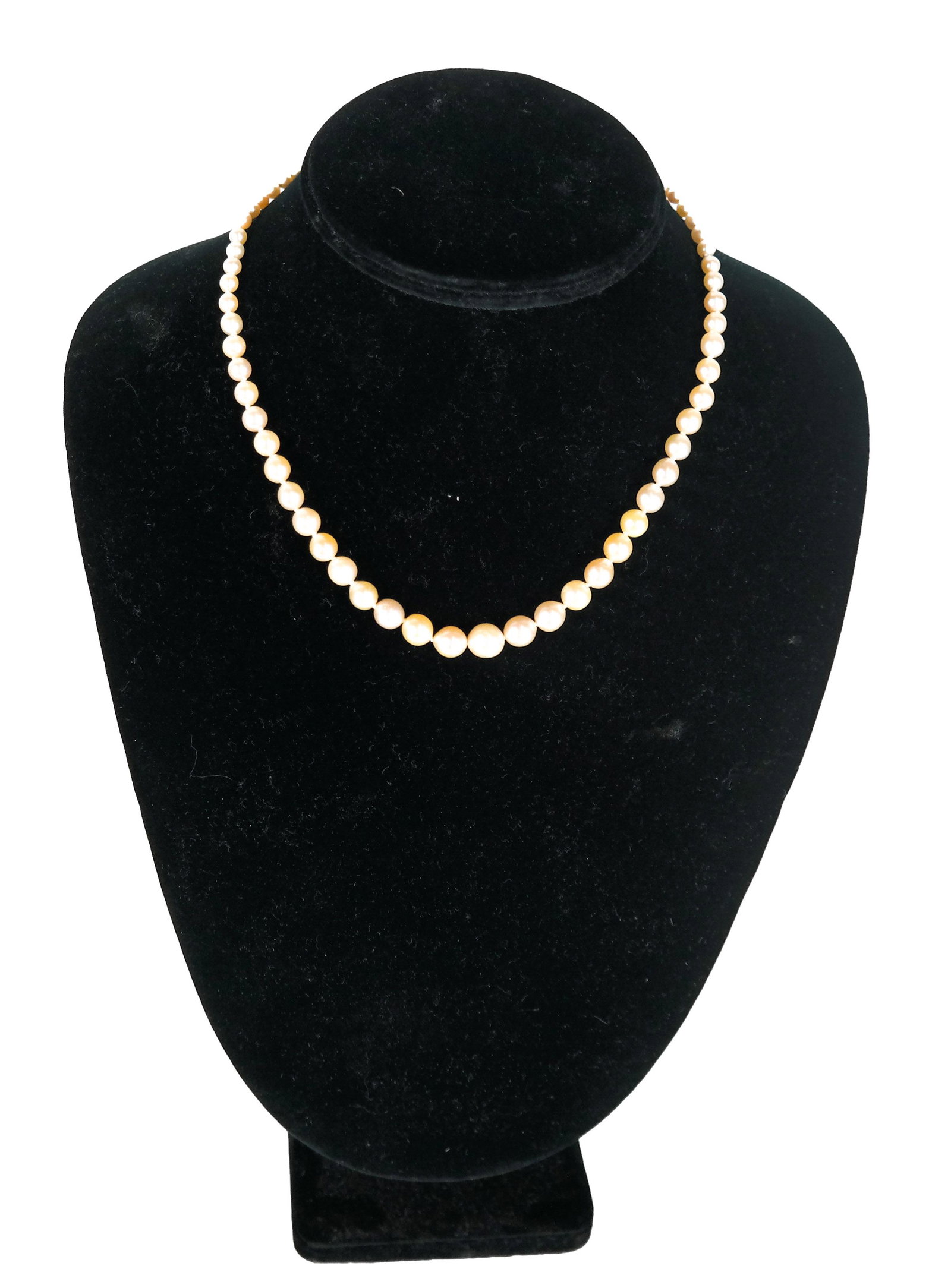 Burma Ruby and Pearl Necklace: Pearl necklace with Burma ruby and diamond clasp. 10.9 dwt. inclusive. 16 inches long.