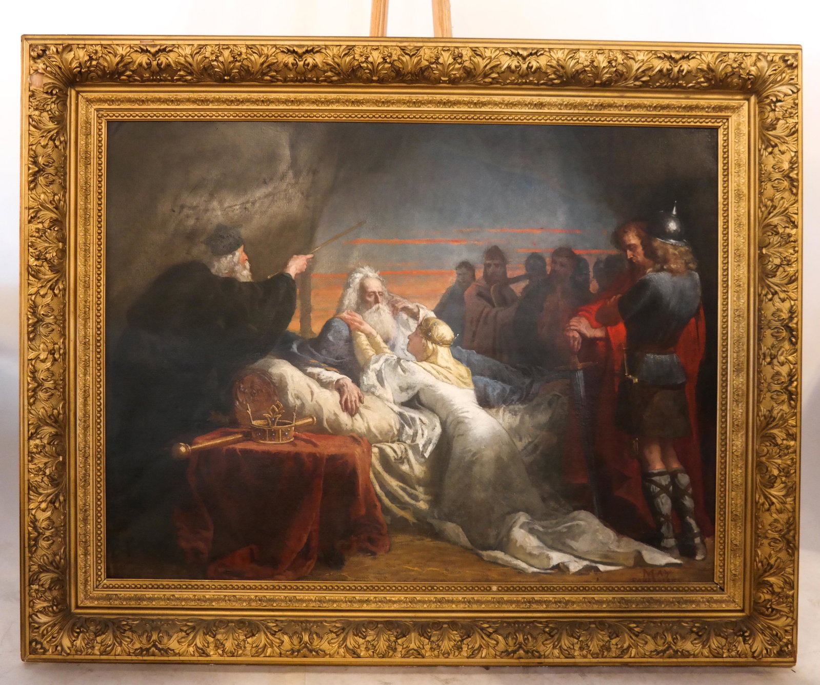 19th C. MAY, Paris - Oil on Canvas: Large portrait of a Queen pleading to the King at court, possibly Charlemagne, oil on canvas in gilt wood frame, signed and dated "May, Paris 1865". [Art: 38 x 51 inches; Frame: 52 x 64 1/2 inches]. L