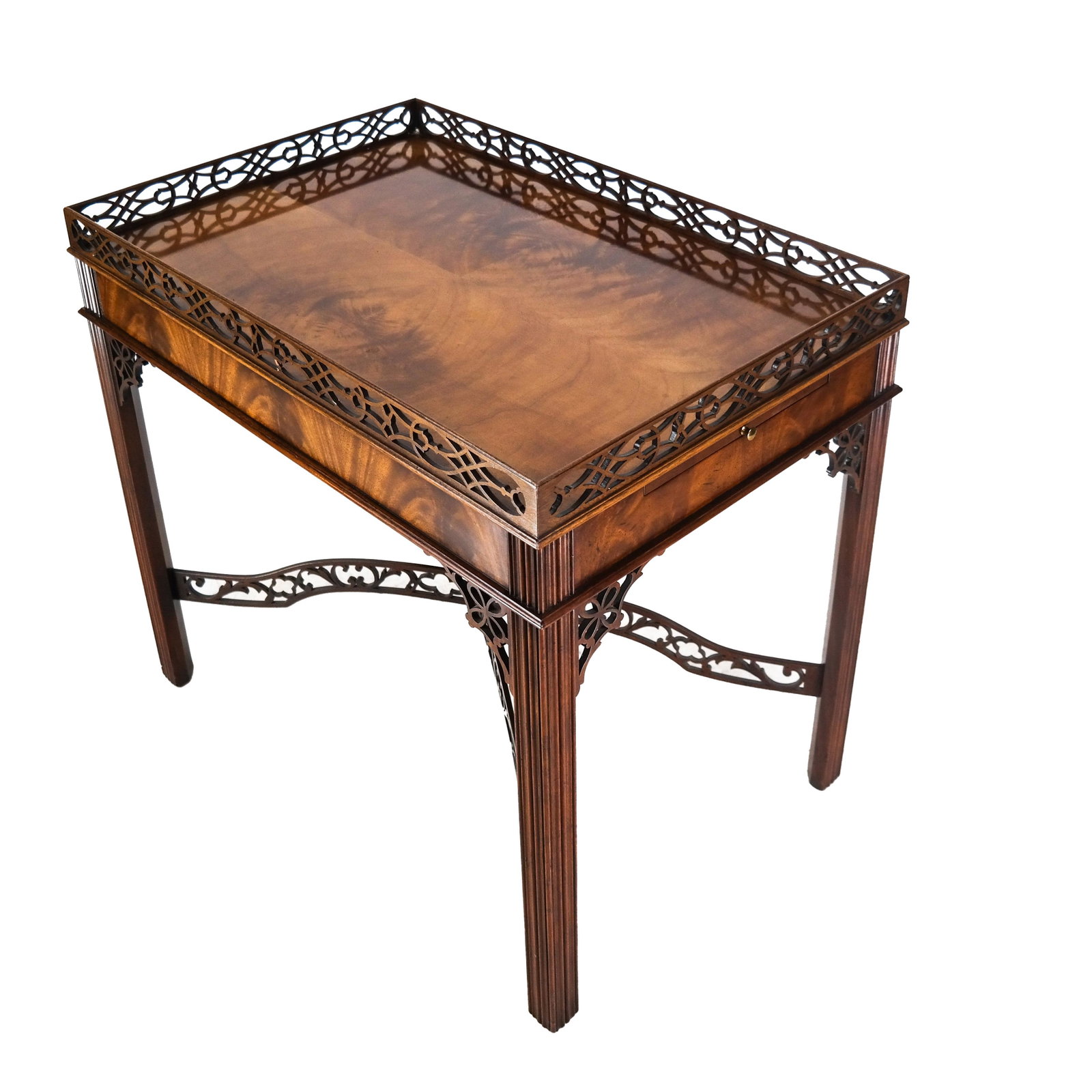 Georgian-Style Tea Table Collection Edition by Baker: Collection Edition by Baker 20th century Georgian-style tea table with reticulated gallery. [26 3/4 x 30 x 19 3/4 inches]. In good condition.