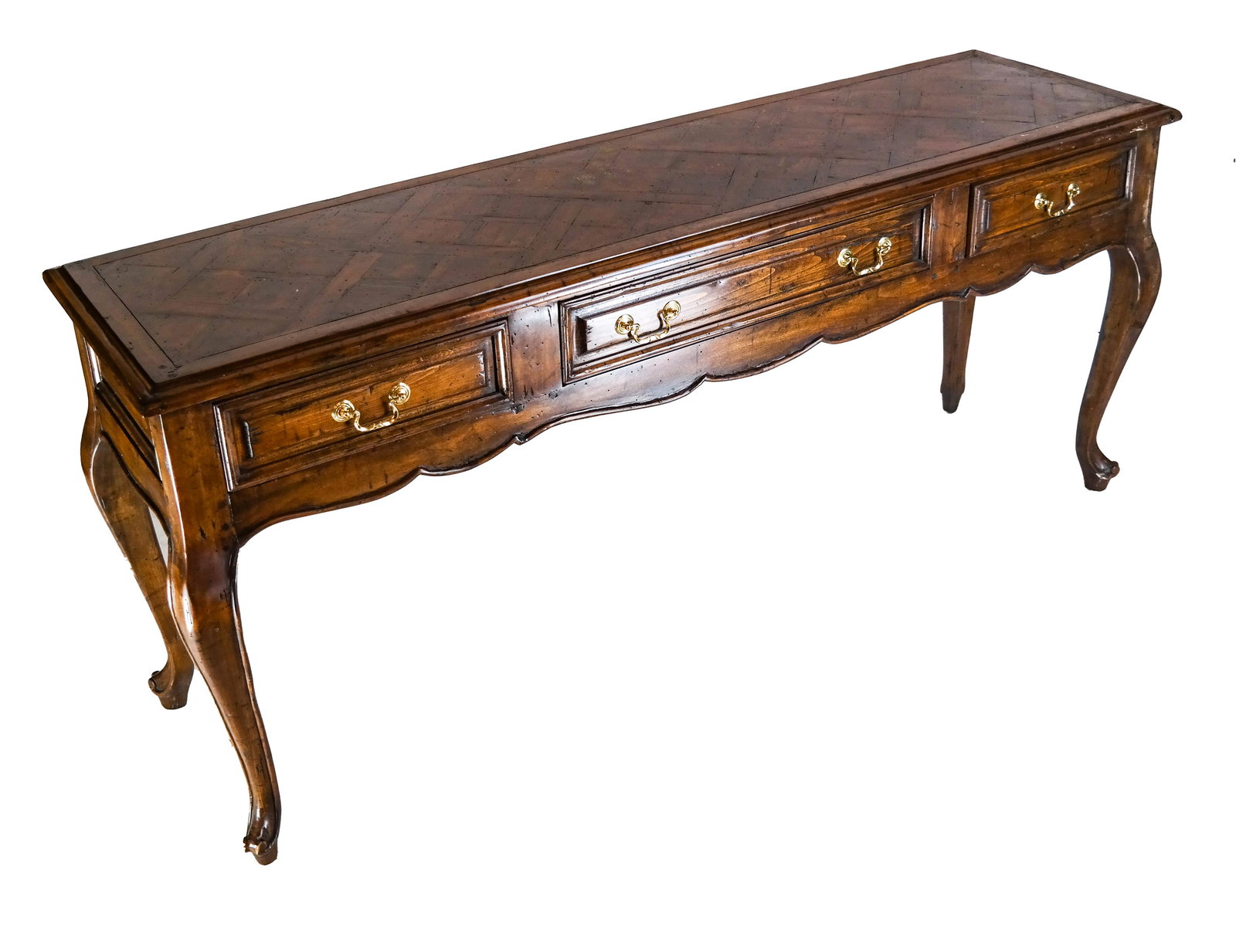 Country Queen Anne-Style Walnut Console: Country Queen Anne-style, three-drawer console/server with parquetry inlaid top. [31 x 72 x 20 inches].