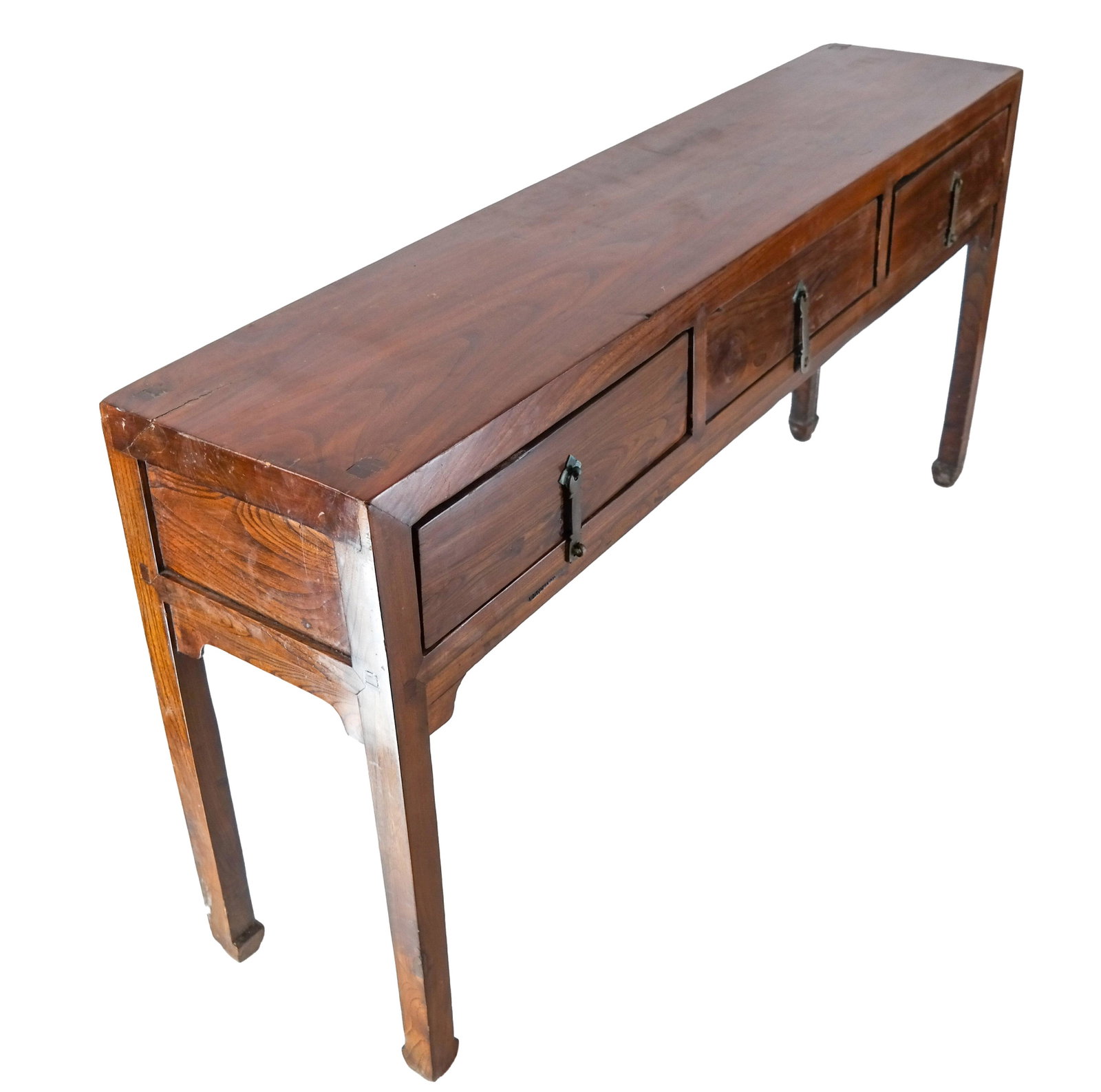 Walnut Altar Table: Chinese style, three-drawer console/server, walnut and brass handles. [34 x 68 x 15 inches].