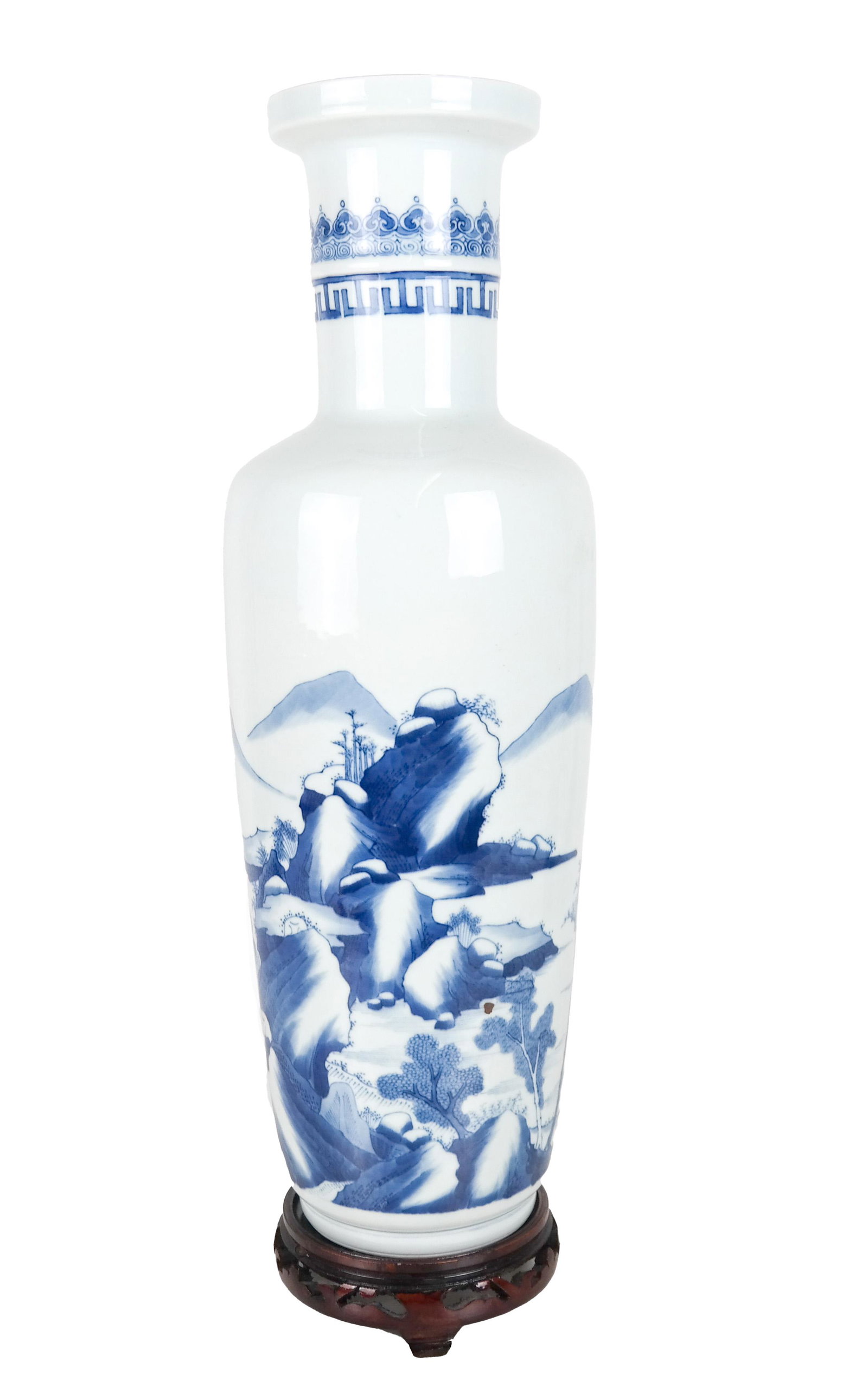 Chinese Blue & White Vase, on Hardwood Stand: Chinese blue and white porcelain vase on hardwood stand. [Vase: 18 1/2 x 6 (dia) (at widest point) inches; Stand: 1 1/2 x 4 7/8 (dia) inches]. In good condition.