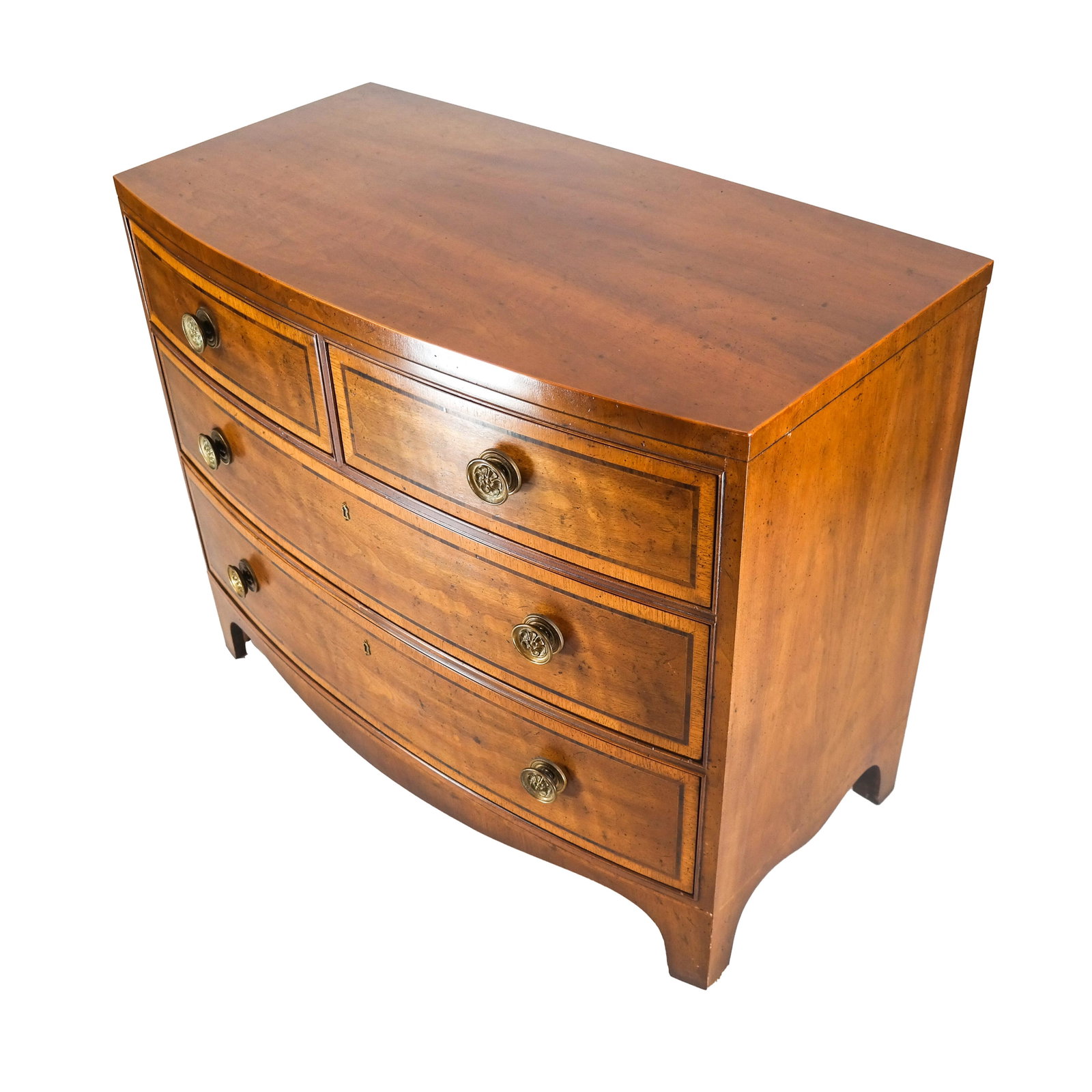Henredon Georgian-Style Mahogany Portfolio Chest: Henredon Georgian-style "18th Century Portfolio" series mahogany bow front chest, having two short over two long drawers. Each drawer face is bordered in satinwood and is adorned with round, floral mo