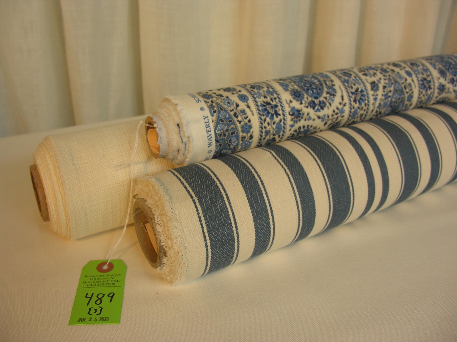 Waverly, Duralee and P. Kaufman Cotton Fabrics: 1) 6 1/2 yards of Waverly's "Alsace", a 5-color blues-on-cream 100% cotton print paisley stripe, has design repeats of 5" vertical by 4 1/2" horizontal, across a 54" width. 2) 6 yards of Duralee's 100