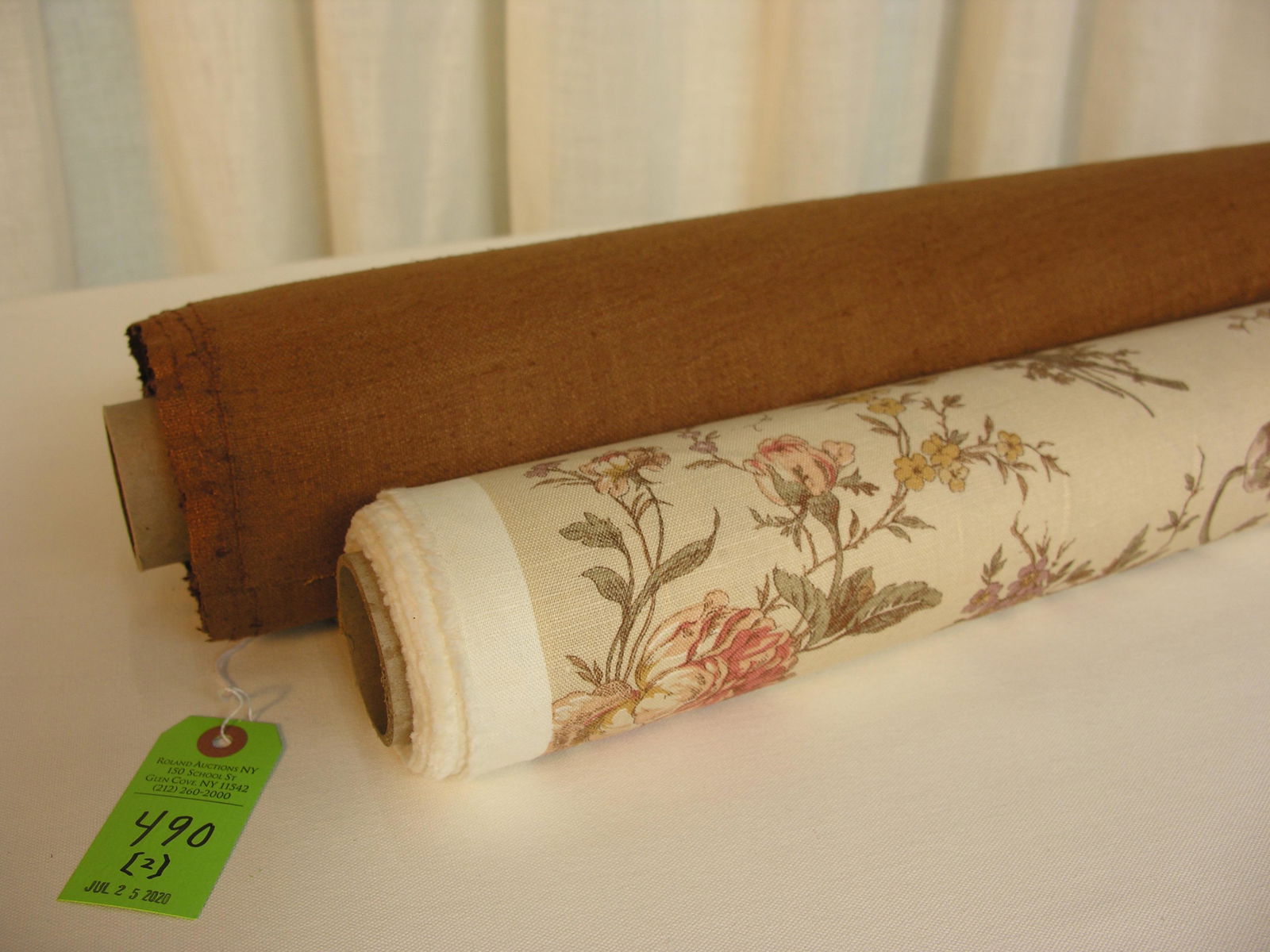 Ralph Lauren Print & Companion Silk Fabric: 1) 7 3/4 yards of Ralph Lauren's 12-color 100% linen screen print. The romantic, Alsatian-style floral in rusts, gold , lavender and tans on beige has design repeats of 26 1/2" vertical by 25 1/2" hor