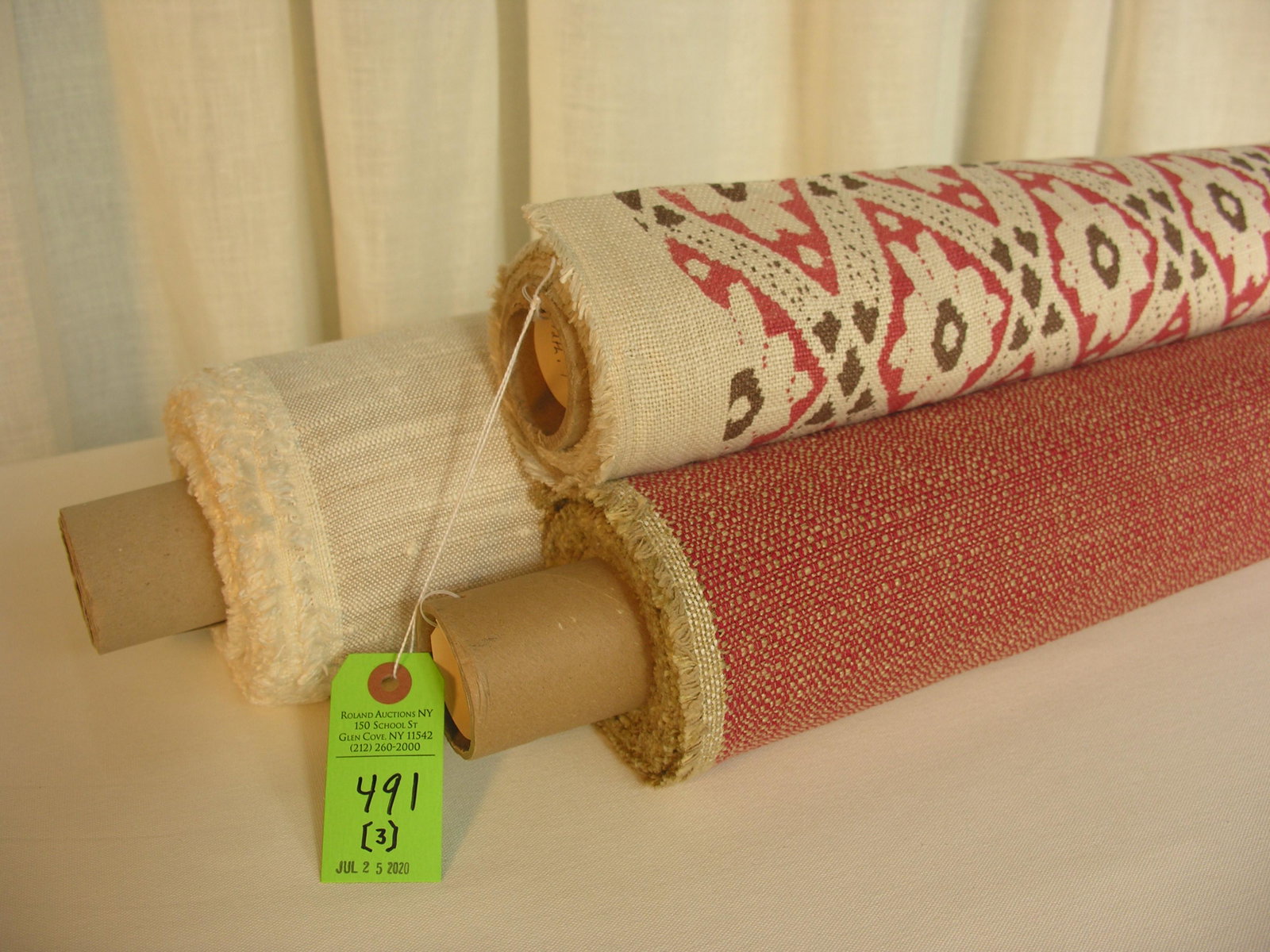 Quadrille, Duralee & European Fabrics: 1) 4 yards of Quadrille's "Viennese" heavy 3-color linen geometric print in red and brown on oatmeal, Item # 305055F-CS, has design repeats of 7 1/2" vertical by 3 3/4" horizontal, across a 52 1/2" wi
