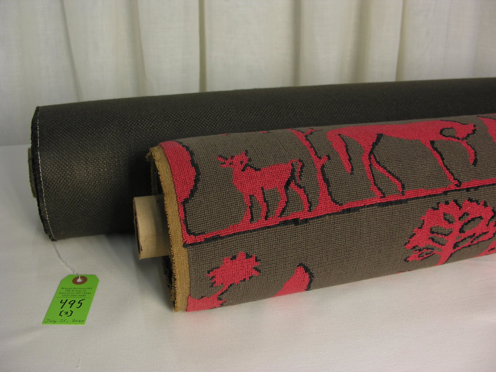 Clarence House and Romo Fabrics: 1) 5 1/2 yards of vintage Clarence House Art Deco-style rows of animals in brown, tomato red and black. The French woven cotton blended loop pile face is engineered for upholstery, with a 28 1/2" vert