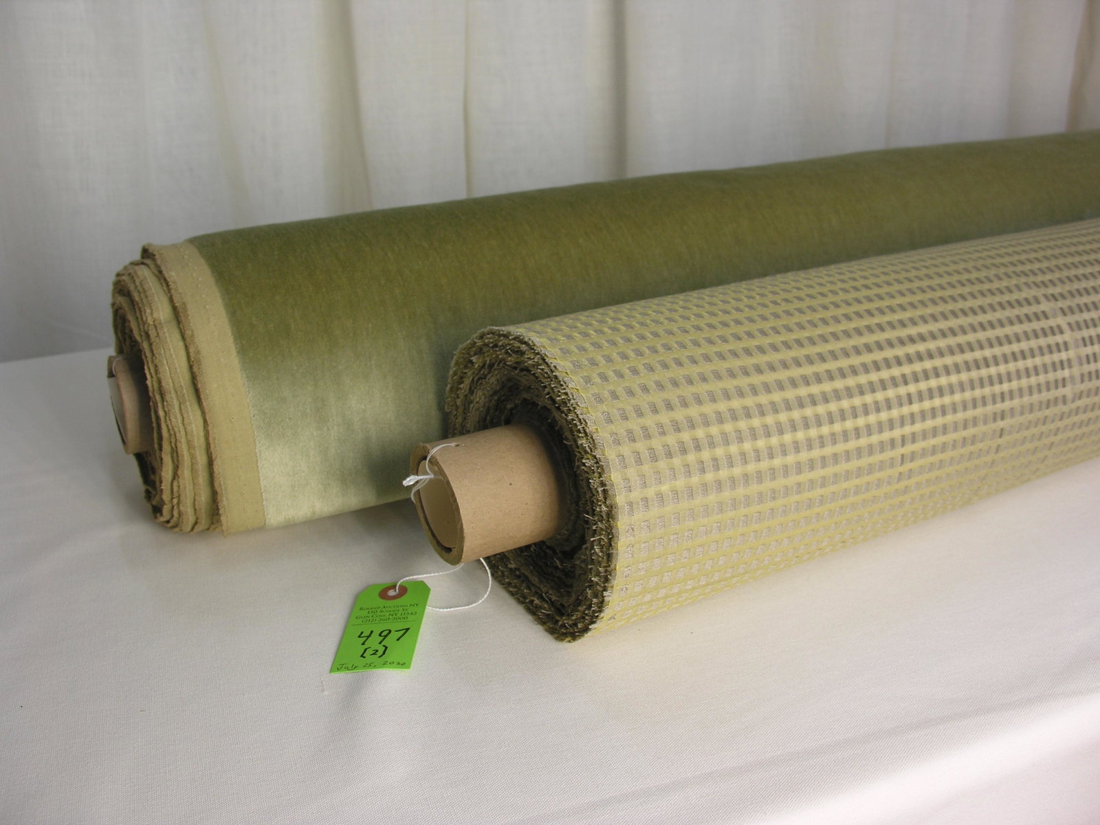 Larsen Sheer and Aviron Mohair Fabrics: 1) 55 yards of J.L. Larsen's silk check sheer in pale gold green and greige, 54" wide. The light-weight raw silk warp is strictly geared for window treatments. 2) 15 yards of Aviron Textiles' light av