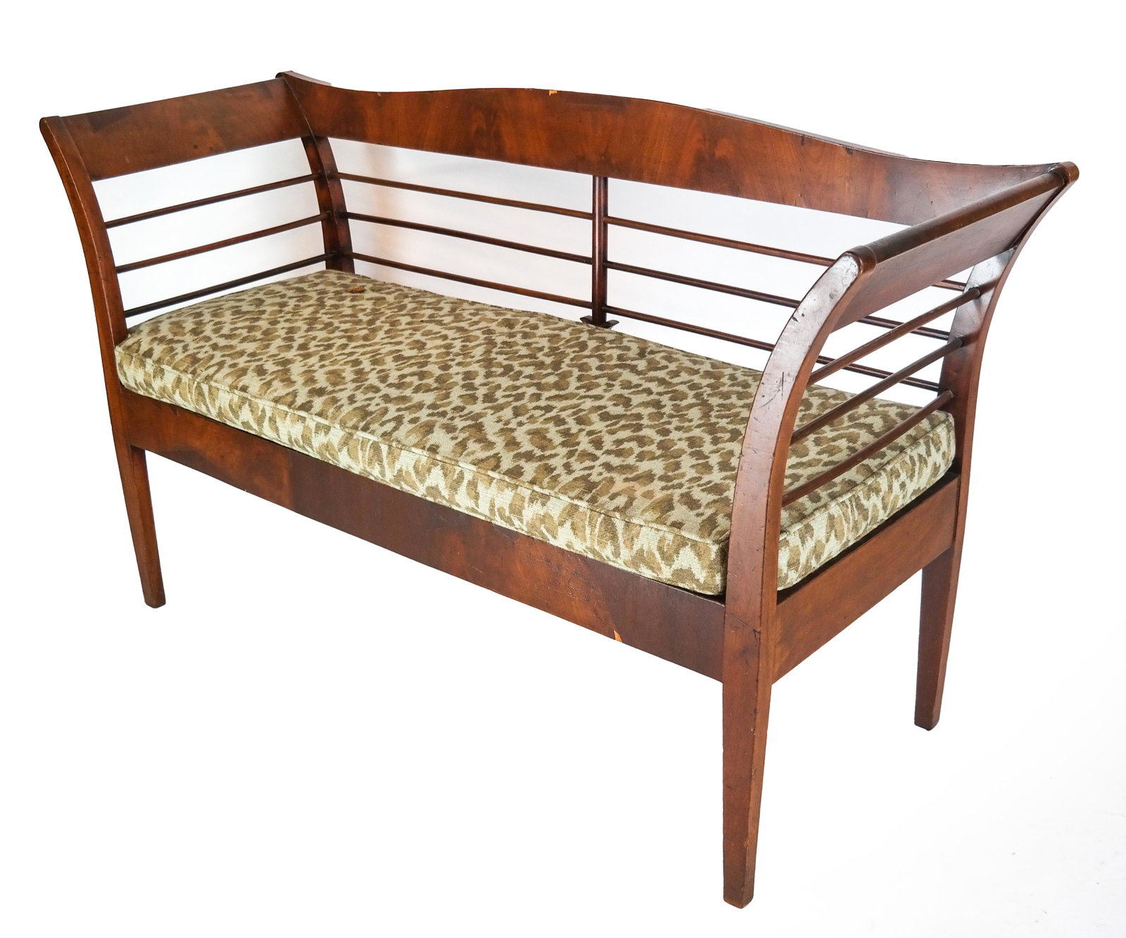 Biedermeier-Style Window Seat/Settee: Biedermeier-style window seat/settee/bench, with two removable rush slip seats. [31 x 53 1/2 x 19 1/2 inches; 18 inches to seat]. Chips; wear.
