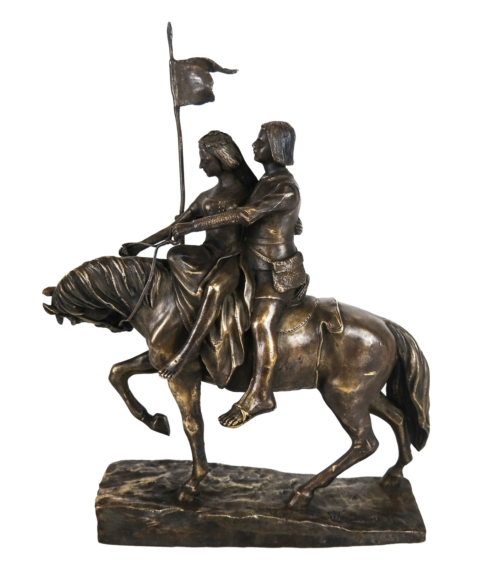 Jules Paul SCHMIDT-FELLING: Knight and Lady on Hor: Bronze statue, signed "Schmidt-Felling" on base. [Overall: 16 1/4 inches high; Base: 1 1/2 x 3 1/2 inches].