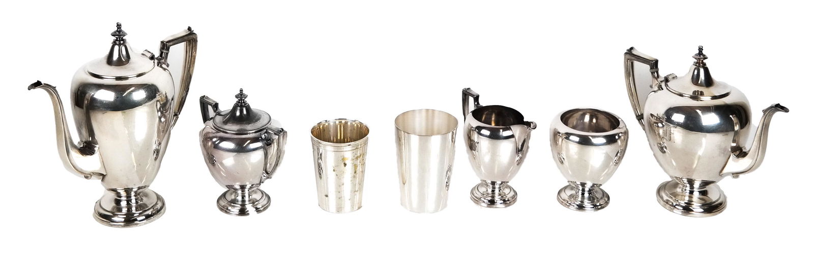 Silver Plate Tea & Coffee Set, Plus 2 Beakers: An International Silver 5-piece silver plate tea and coffee set, including teapot, coffee pot, sugar, creamer and waste bowl, together with two silver plate beakers (one by Wallace). [Tallest (coffee