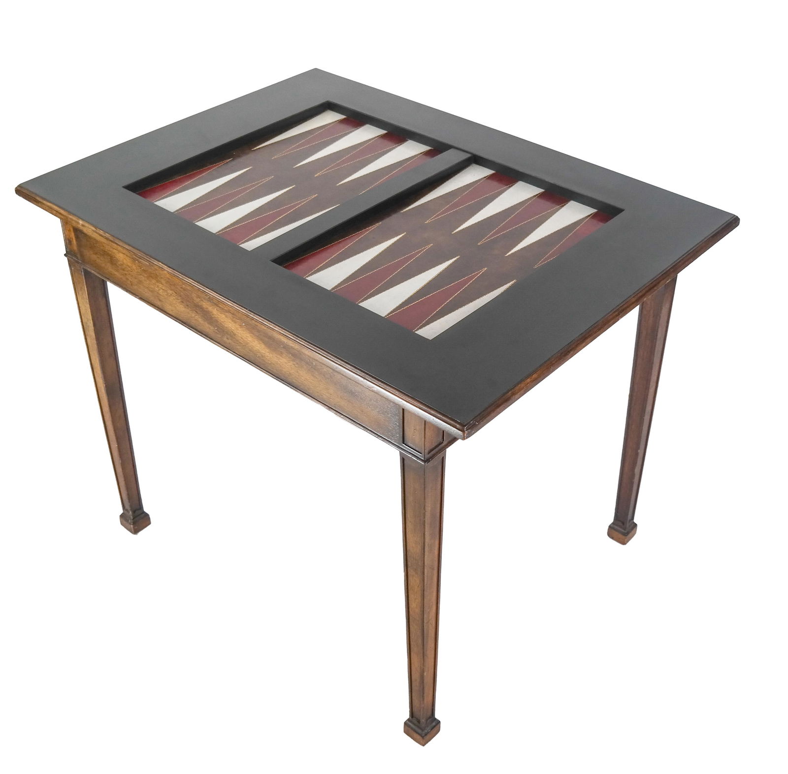 Smith & Watson, NY Backgammon Table: Mahogany and black backgammon table by Smith & Watson, this one made for The University Club Bar, W. 54th Street, NYC. [30 x 38 x 28 inches; 25 1/2 inches to apron]. Good condition No playing pieces