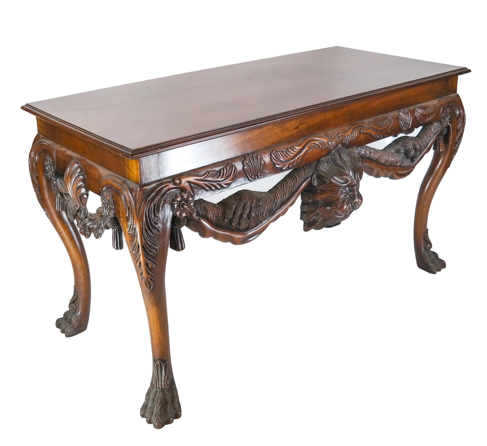 Irish-Style Console Table: Reproduction Irish-style console table, having ornate lion, garland decoration, on hairy paw feet. [32 3/4 x 58 x 26 1/2 inches]. Scratches.