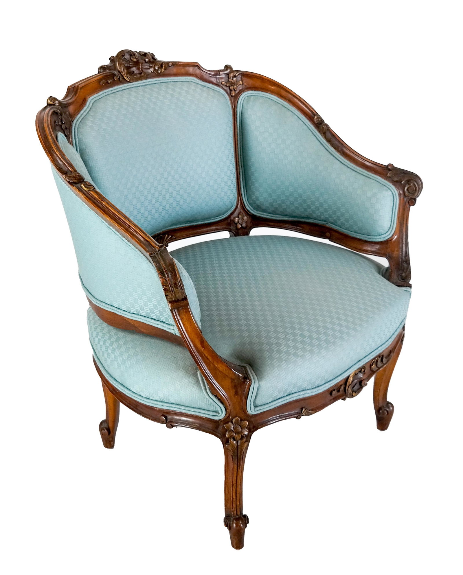 Antique French Slipper Bergere Chair: Walnut Louis XV-style pale blue upholstered slipper chair/bergere. [31 1/2 x 29 1/2 x 21 inches; 14 inches to seat].