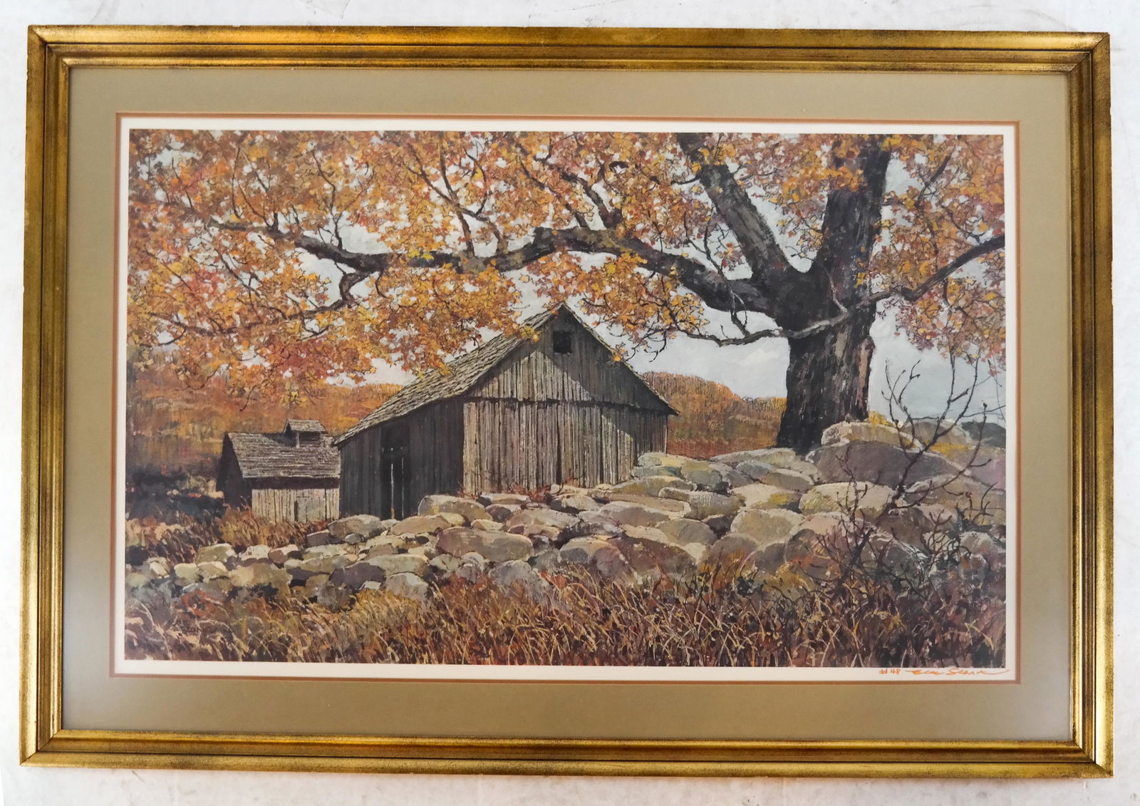 Eric SLOANE: Cabin in the Woods - Print: Eric Sloane print of a cabin in the woods, #48, signed lower right. [Sight: 21 1/2 x 34 1/2 inches; Frame: 30 x 43 inches].