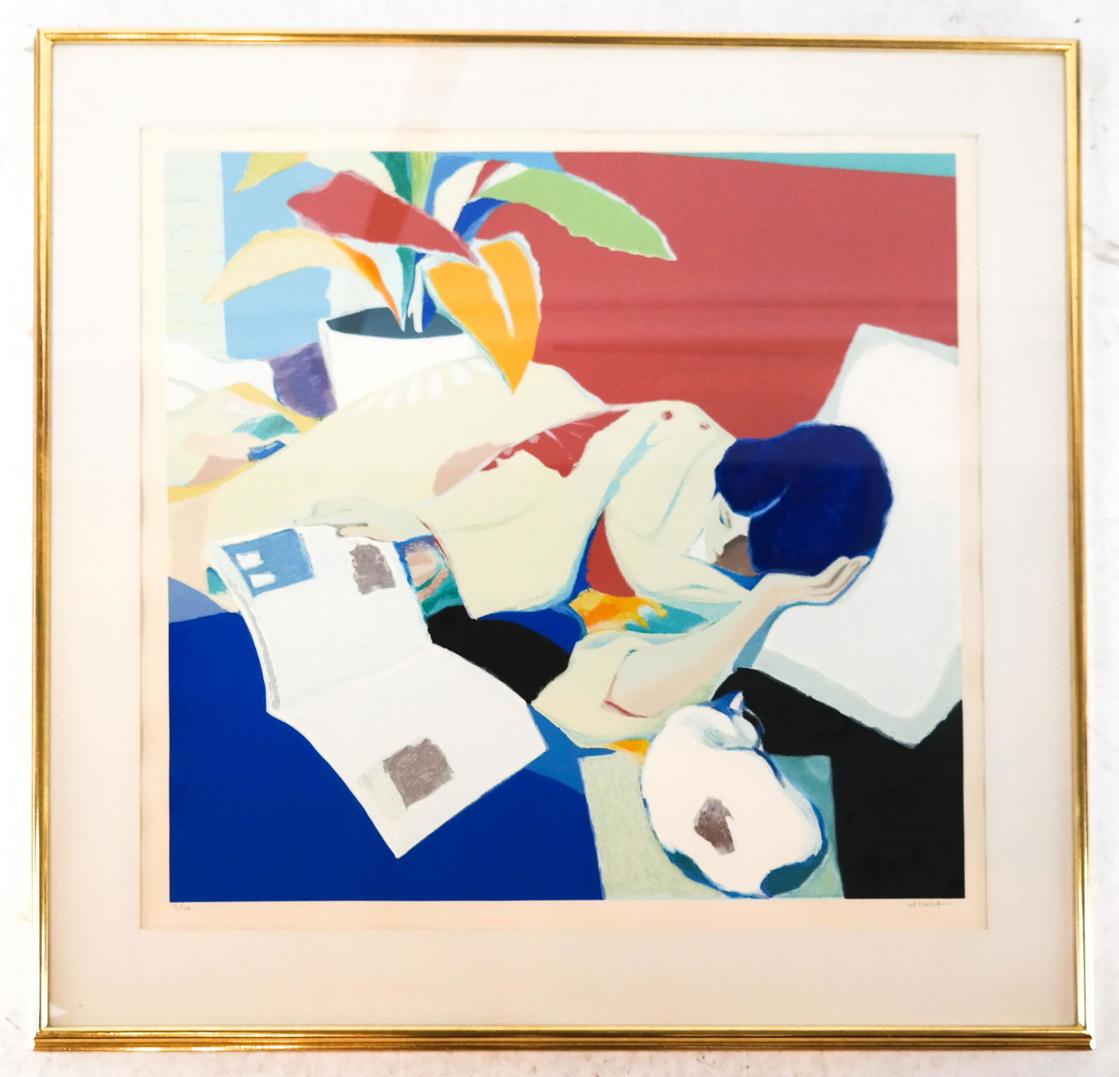 Tadashi ASOMA: Reclining Woman - Lithograph: Tadashi Asoma lithograph of reclining woman, Ed. # 11/150, signed on mat, lower right. [Art: 27 x 27 inches; Frame: 37 3/4 x 37 3/4 inches]. Paper buckled.