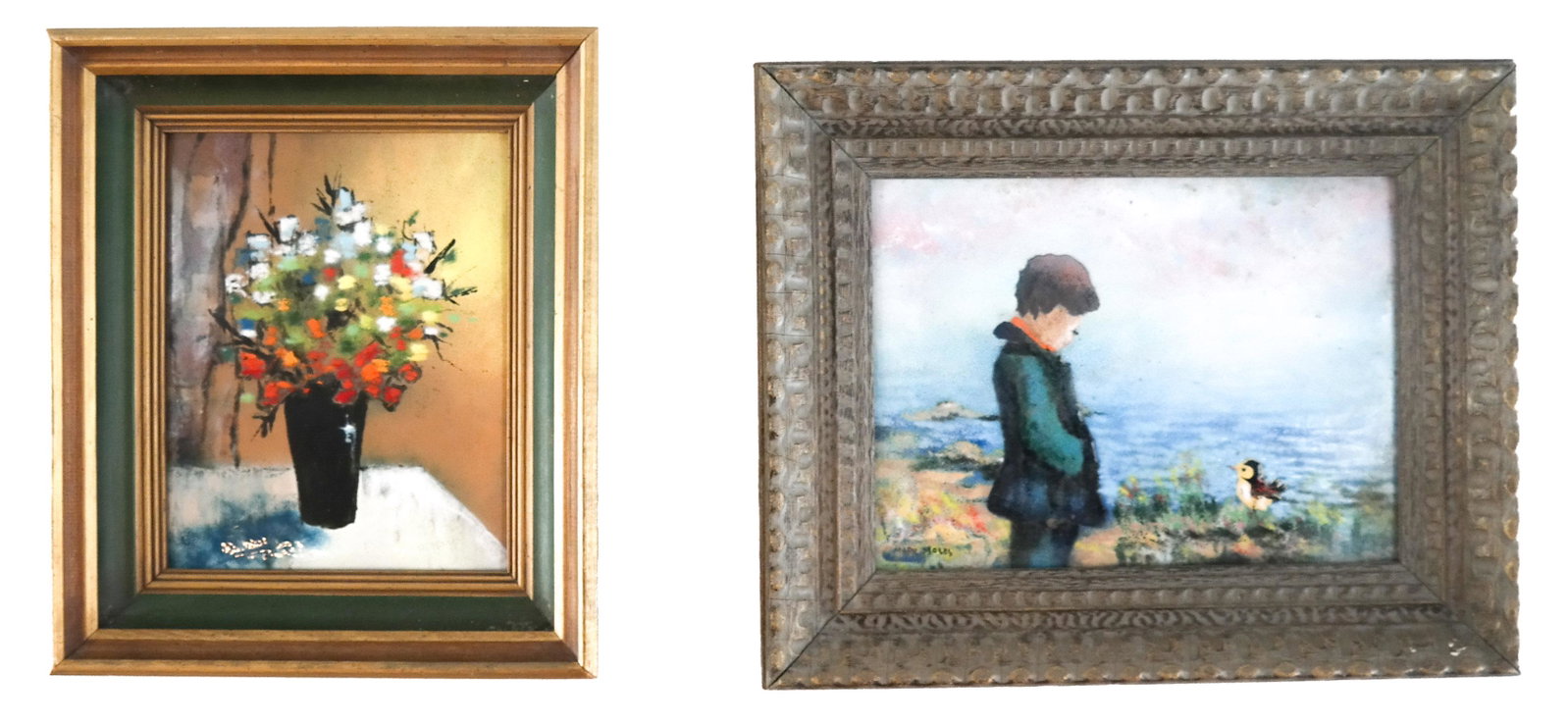 Mark MOSES, M. KARP: Enamel on Copper Art Works: Two enamels on copper, both framed, one a floral still life by M. Karp, the other of a boy and a bird by Mark Moses. [Art: 10 x 8 inches; Frame: 13 1/2 x 11 1/2 inches]. In good condition.