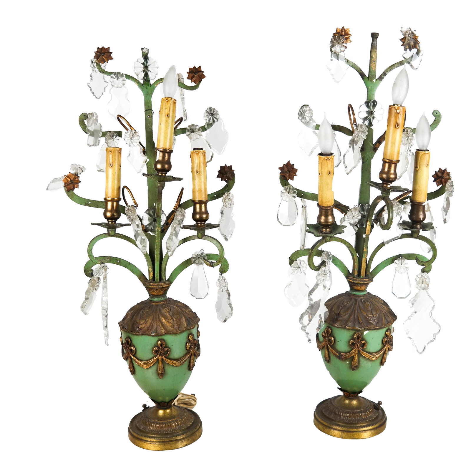 Pair of Italian Candelabra: Pair of Italian brass and green-painted metal candelabra lights, electrified. [25 x 12 x 5 inches].