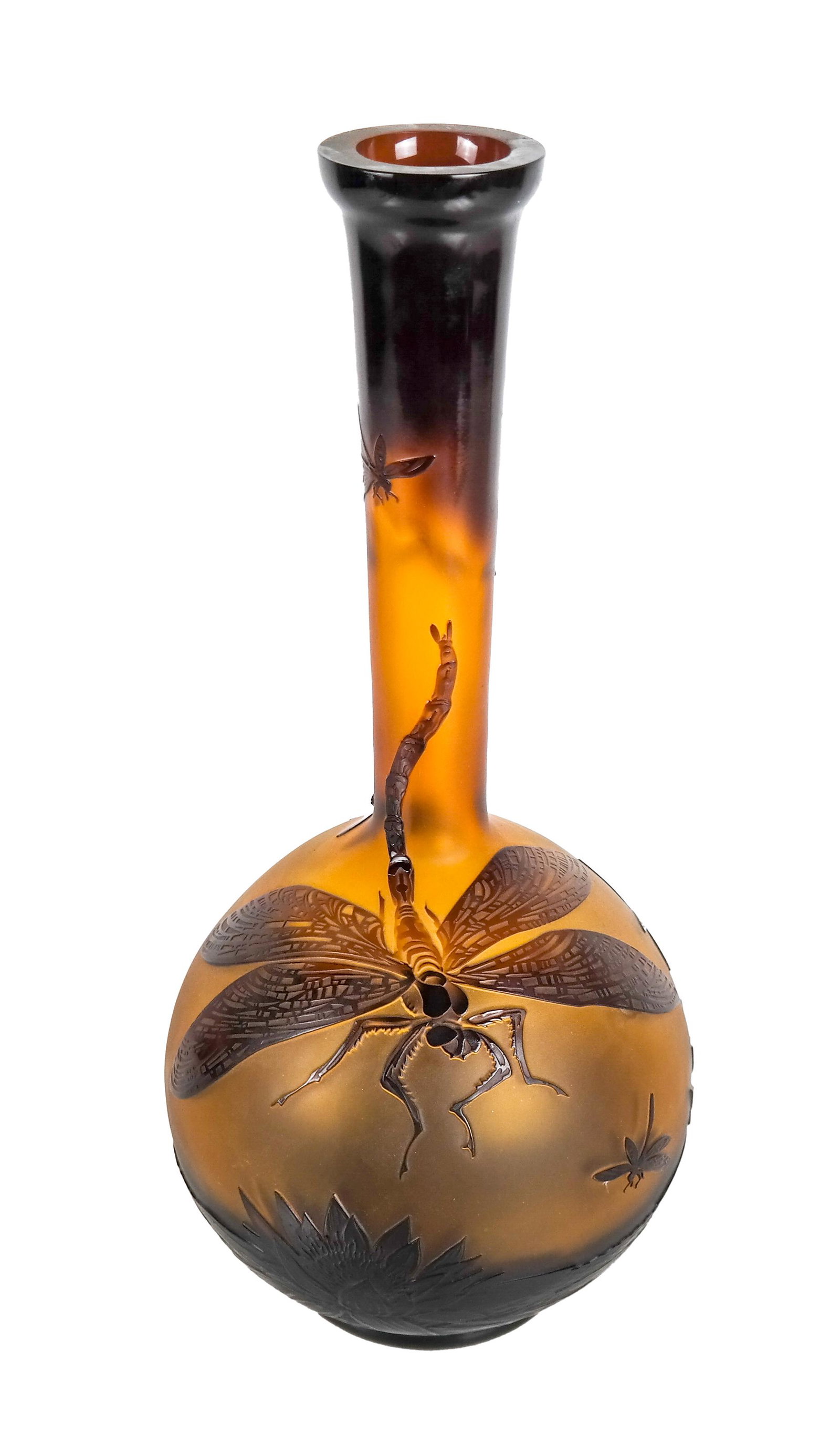 Zelenka Glass Vase: Dragonfly handmade art glass vase, signed Zelenka, Czech Republic. [16 x 8 inches].