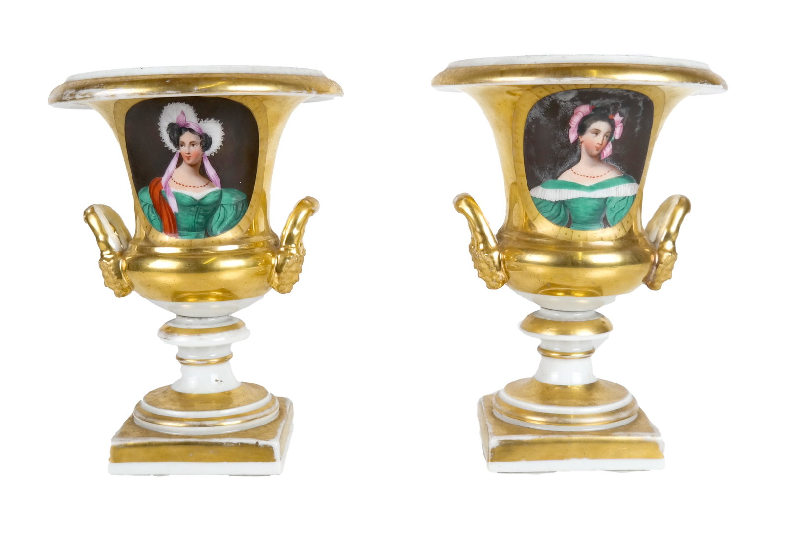 Pair of Paris Porcelain-Style Vases: Pair of French gilt-painted vases with portraits of ladies in green dresses, 19th century. [9 x 7 inches]. Normal wear on gold paint.