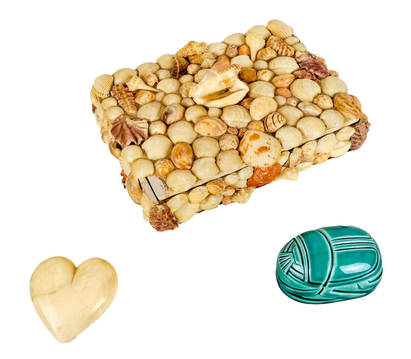 Shell Box, Heart, Scarab Box: A hinged shell box, an alabaster heart and a covered scarab box. [3 x 9 x 7 inches].
