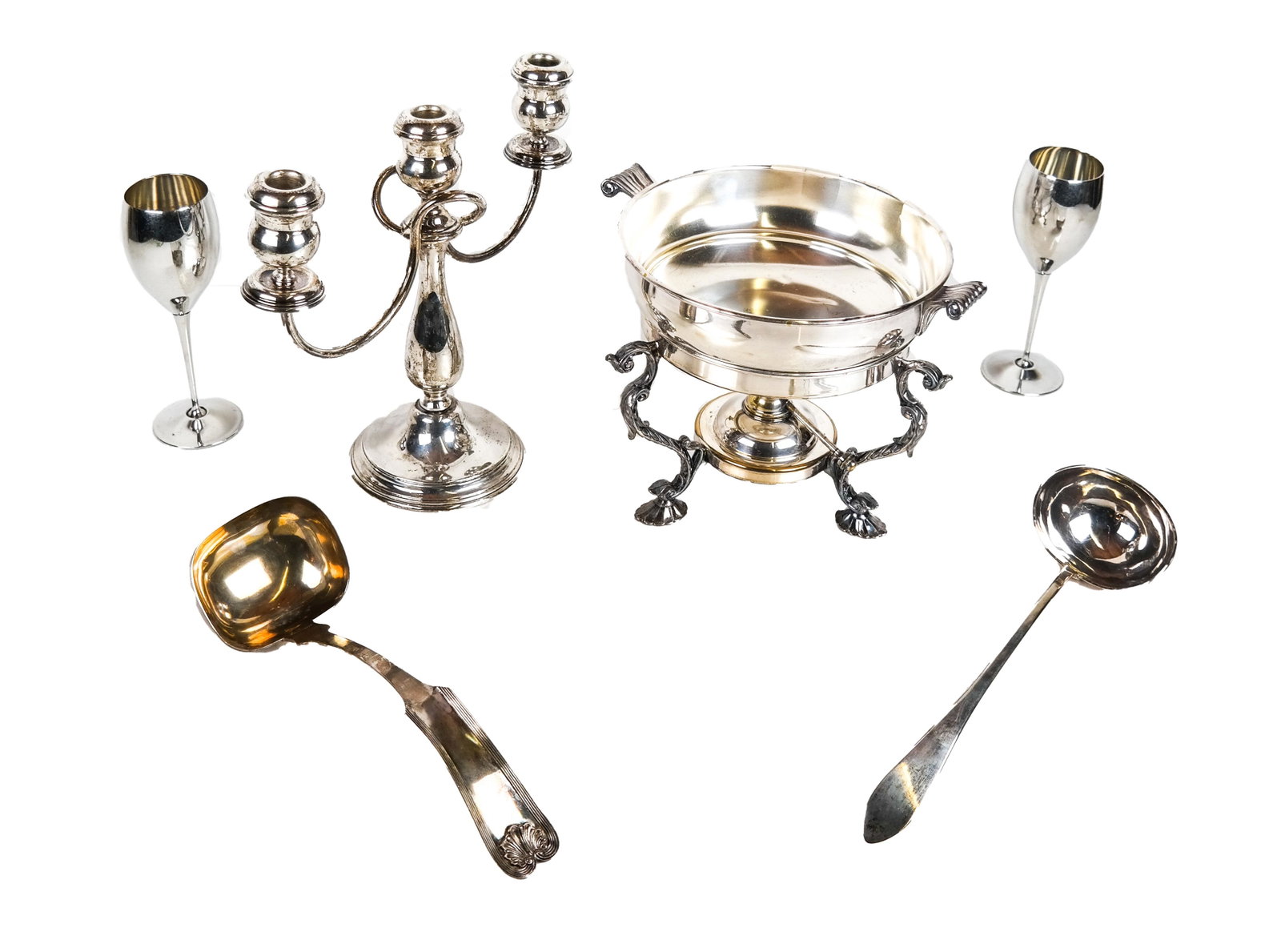 Lot of Silver Plate Items: Includes 1) Candelabra [11 1/2 inches high; 13 inches across arms], 2) Warmer on stand, 3) Two goblets, 4) Two ladles. In good condition.