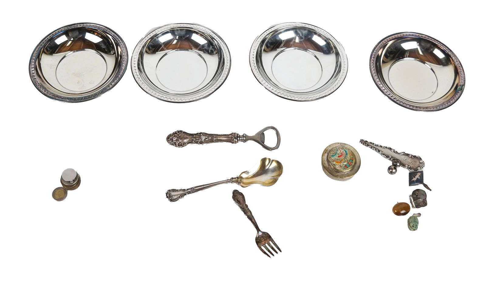 Lot of Misc. Sterling, Silver Plate, Coins, Others: Lot includes 4 silver plate dishes [5 3/4 (dia) inches], a small bag with a spoon (sterling), a fork (sterling), beads, a sterling cufflink, a silver plate pill box with mother-of-pearl painted inset