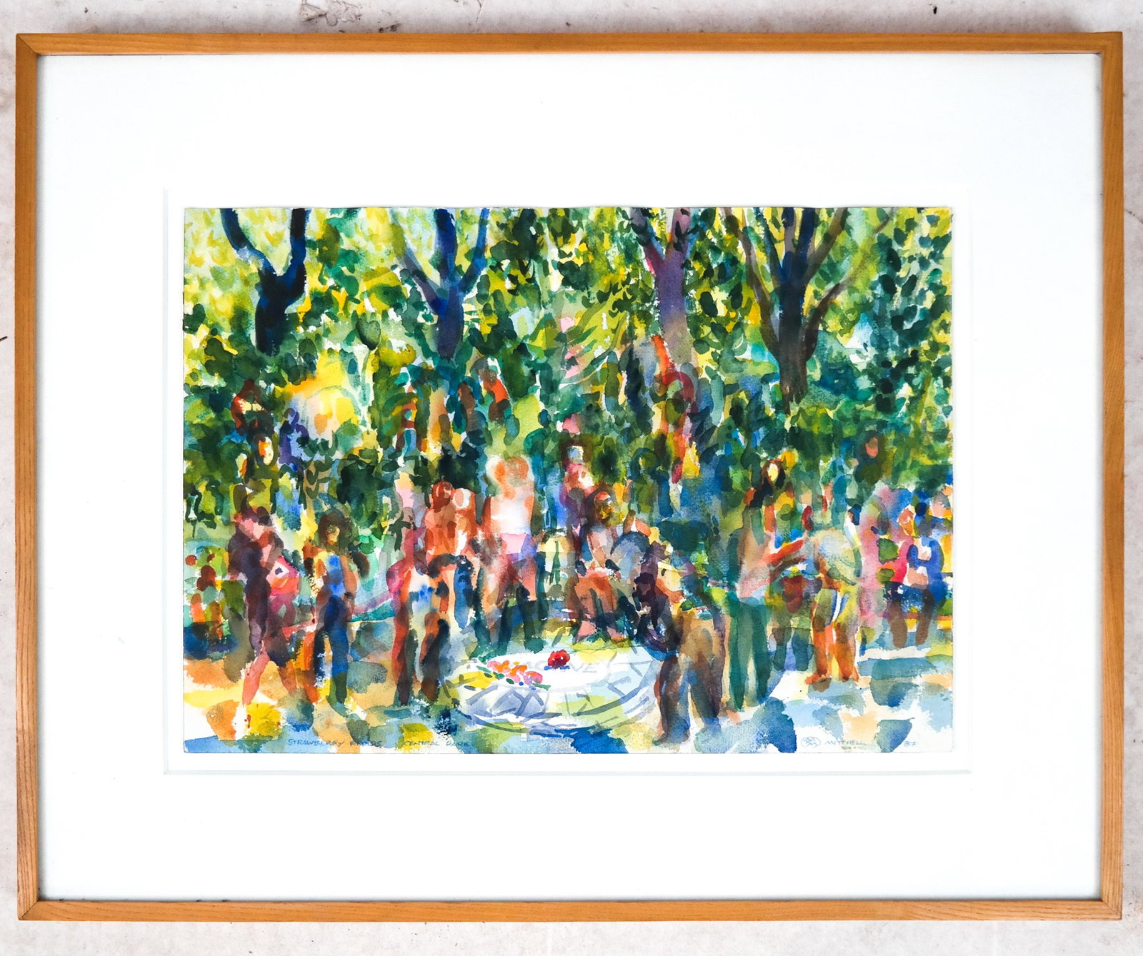 F. MITCHELL: Central Park- Watercolor: Framed watercolor "Strawberry Fields" Central Park, impressionist figure. [Art: 14 x 19 inches; Frame: 23 x 29 inches]. In good condition.
